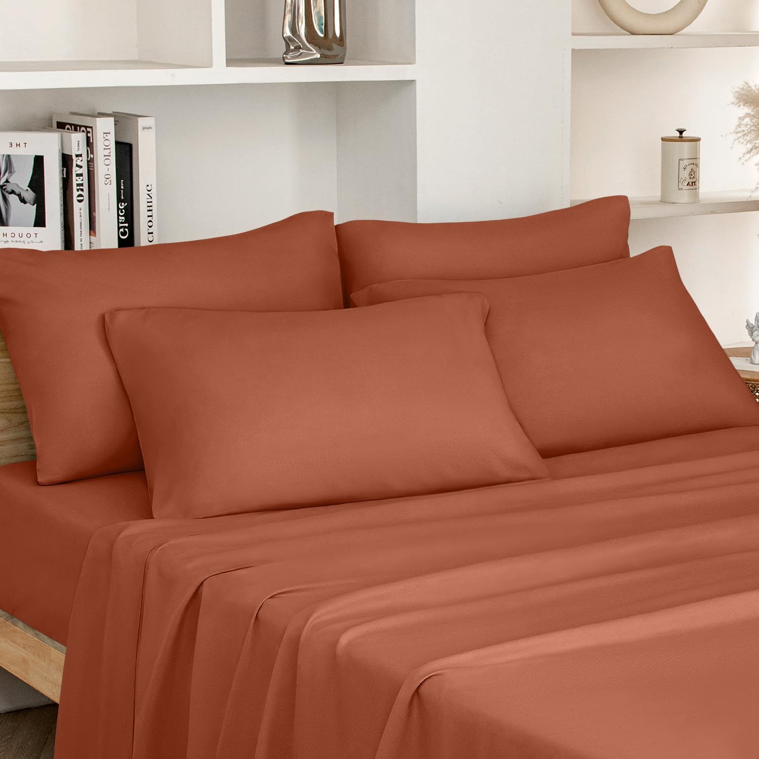 King Size Terracotta Bed Sheets - 6 Piece Set (Burnt Orange) - Extra Soft Brushed Microfiber 1800 Bedding Rust Sheets, Deep Pocket, Wrinkle & Fade Free