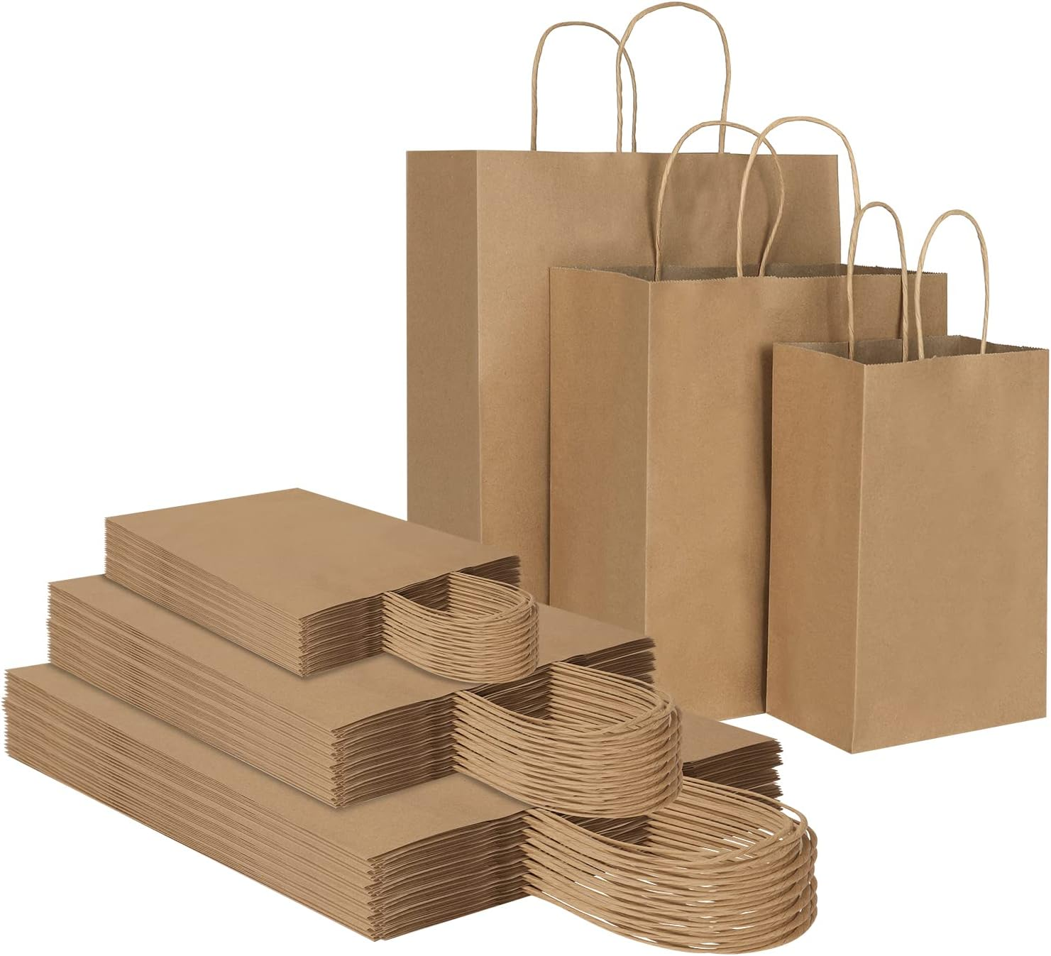 90 Pack Plain Brown Kraft Paper Bags with Handles Bulk, Multiple 3 Assorted Sizes Gift Bags for Favors Grocery Retail Party Birthday Shopping Business Goody Craft Merchandise Take Out Sacks
