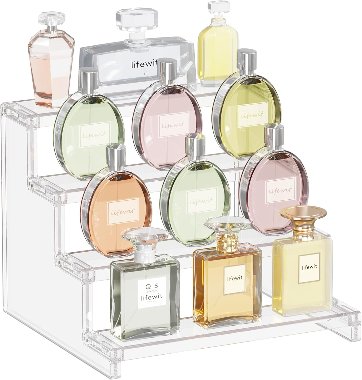 4 Tier Perfume Stand Organizer for Women, Plastic Display Riser, Tool-Free Assembly, Fragrance Makeup Cosmetics Shelf for Vanity Bedroom Bathroom Storage Organization, Clear, 9 Inch, 1 Pcs
