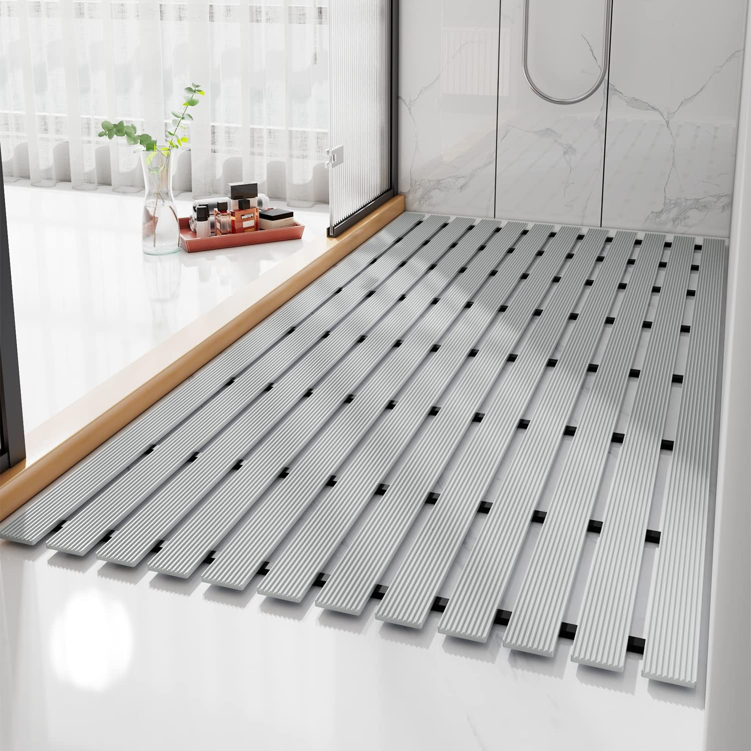 Rectangle Premium Shower Stall Mats Non Slip Simple Fashionable,Extra Large Bathroom Bath Mats, Sensory Floor Mat with Hole,Kitchen Pool Apartments Hotel Bathroom Rubber Secure Mat(Grey 24