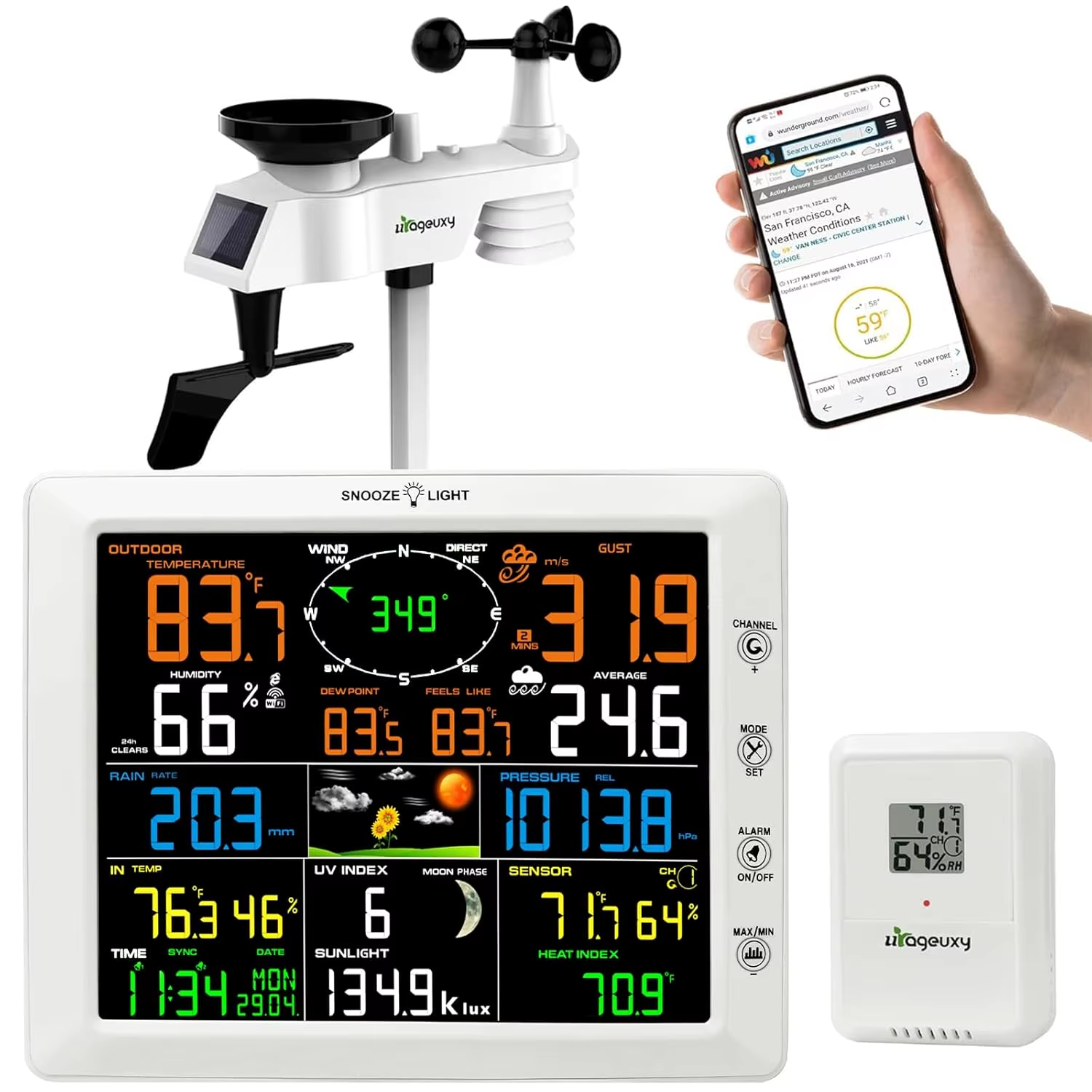 WiFi Weather Station with 8.3 inch Color Display Wireless Outdoor Sensor Measures Rain Gauge Wind Speed/Direction Temperature UV