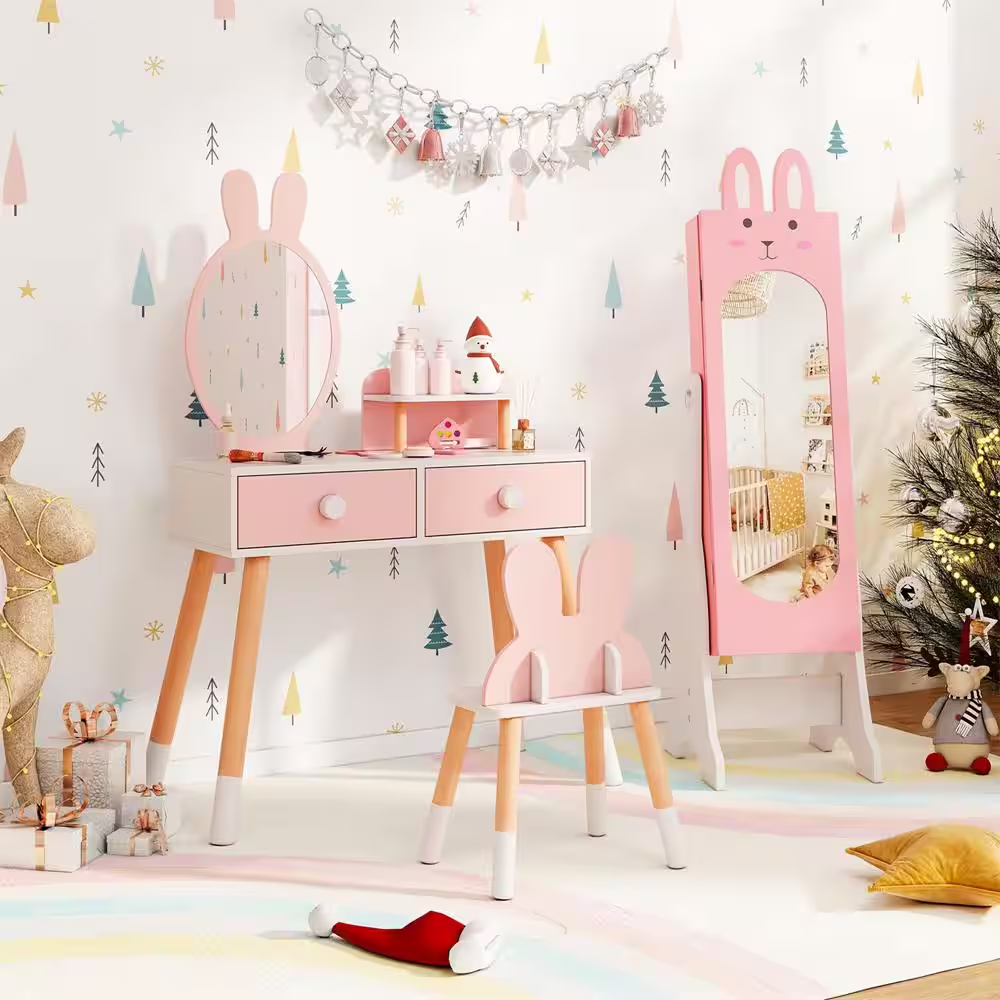 12 In. Width Kids Vanity Set Princess Makeup Dressing Table and Chair Set with Jewelry Armoire Pink