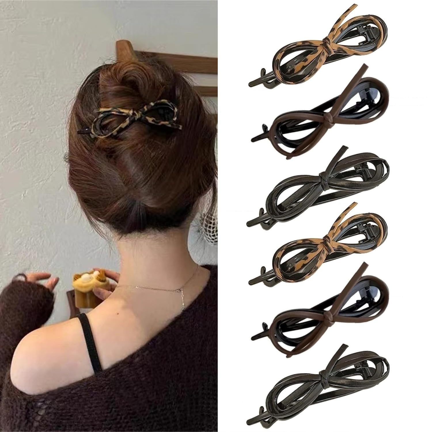 6 PCS Bow Leather Hair Clips Flat Claw Clips With Small Teeth for Women Thick...