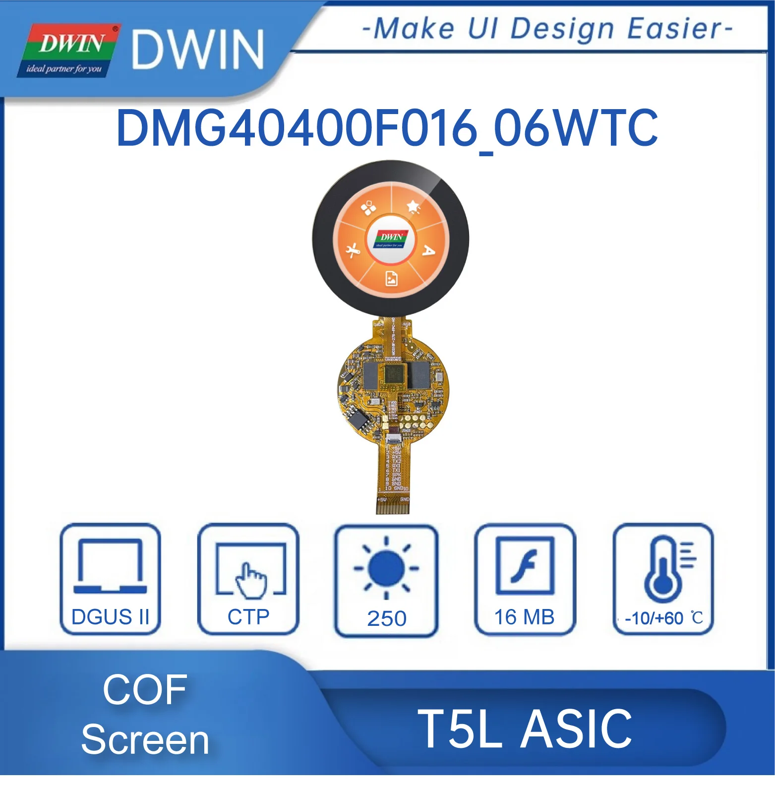 1.6 Inch 400*400 Pixels Resolution 262K Colors COF Structure IPS TFT LCD Display HMI Touch Screen Pane DMG40400F016_06W