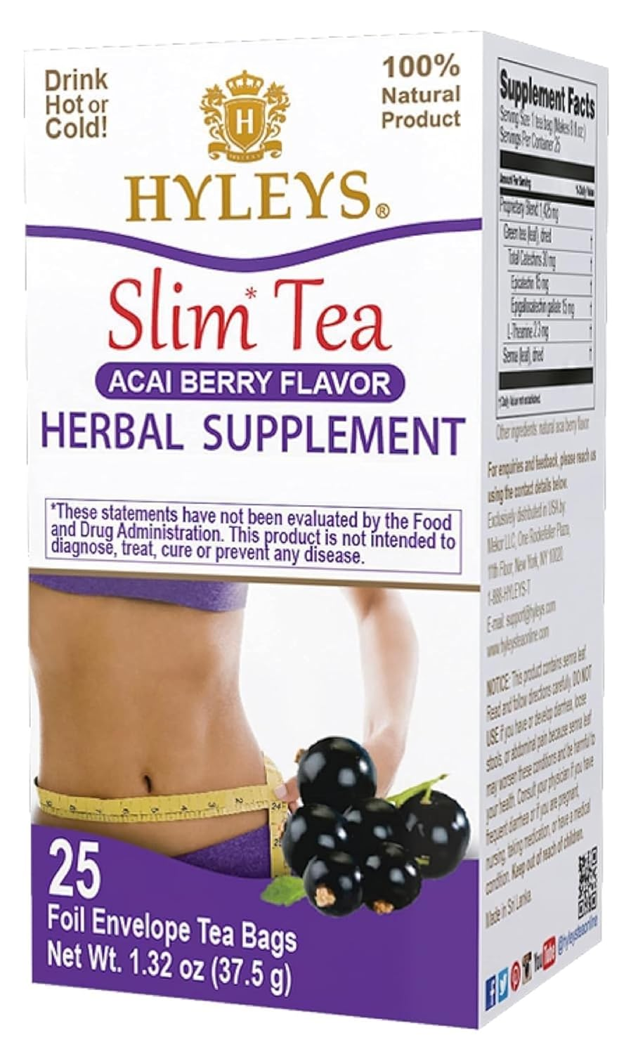 Slim Tea Acai Berry Flavor - Weight Loss Herbal Supplement Cleanse and Detox - 25 Tea Bags (1 Pack)