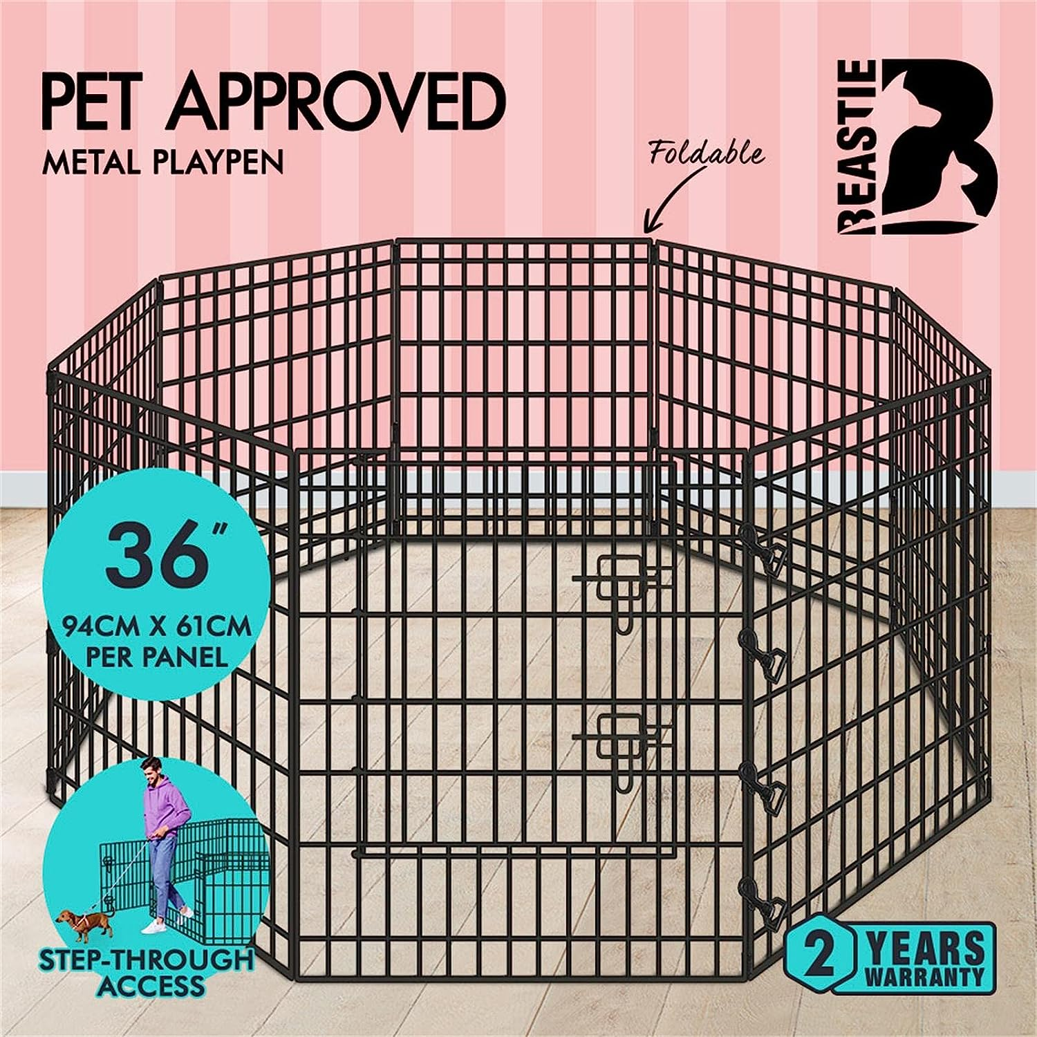 Beastie Foldable Pet Dog Metal Playpen 36", 8 Panels Folding Dog Play Pen Fra... - Picture 3 of 17