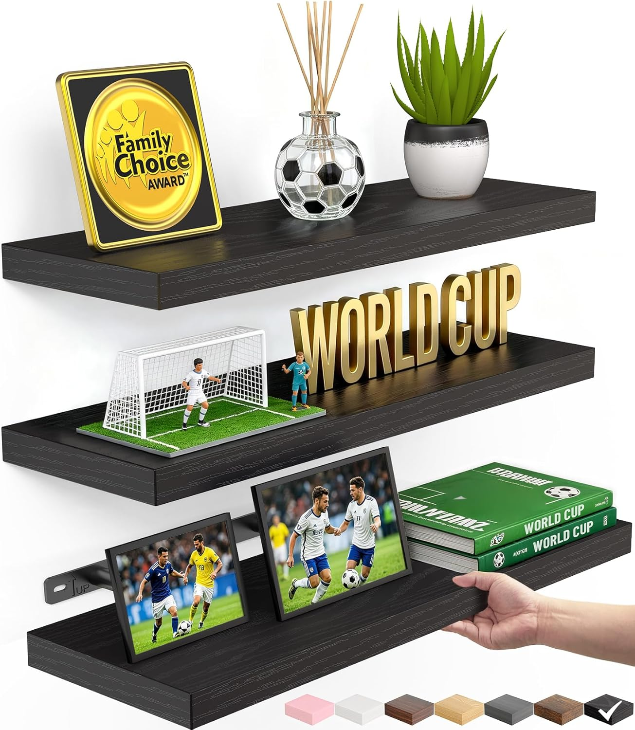 Floating Shelves for Wall, Wall Mounted Rustic Wood Shelves for Bathroom, Bedroom, Living Room, Kitchen, Hanging Shelf for Books/Storage/Room Decor with 22Lbs Capacity (Black, Set of 3, 15.7In)