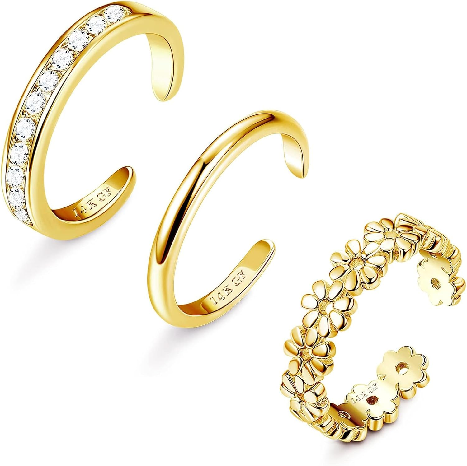 3PCS 14K Gold Filled Toe Rings for Women Adjustable Gold Toe Ring Set Open Band