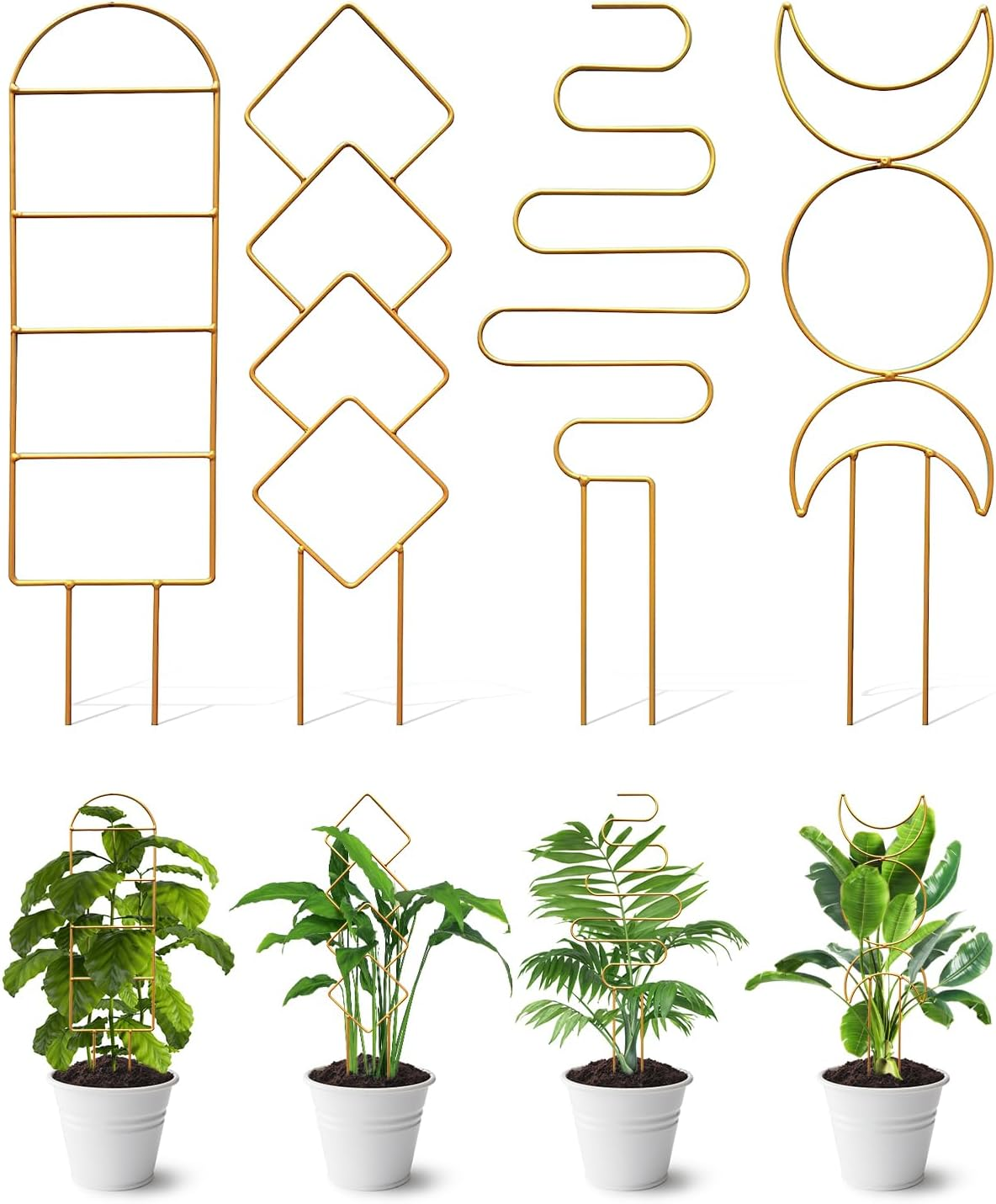4 Pack Indoor Climbing Plant Trellis, Small Trellis for Potted Plants Outdoor, Metal Garden Trellis Plant Support Trellis with Different Patterns for Vine Ivy Flower (Golden)