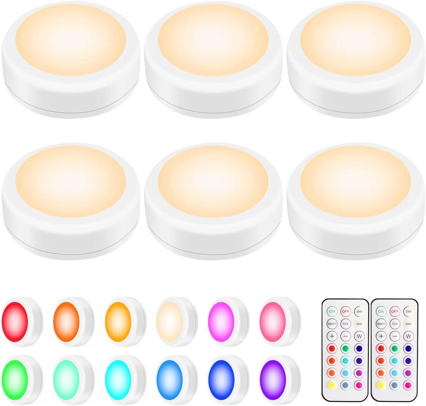 LED Puck Lights with Remote Control, Wireless under Cabinet & Closet Lighting, RGB 13 Color Changing Lights with Dimmer, Timer & AA Battery Operated, Push, Touch, Stick on for Night, Wall, 6 Pack