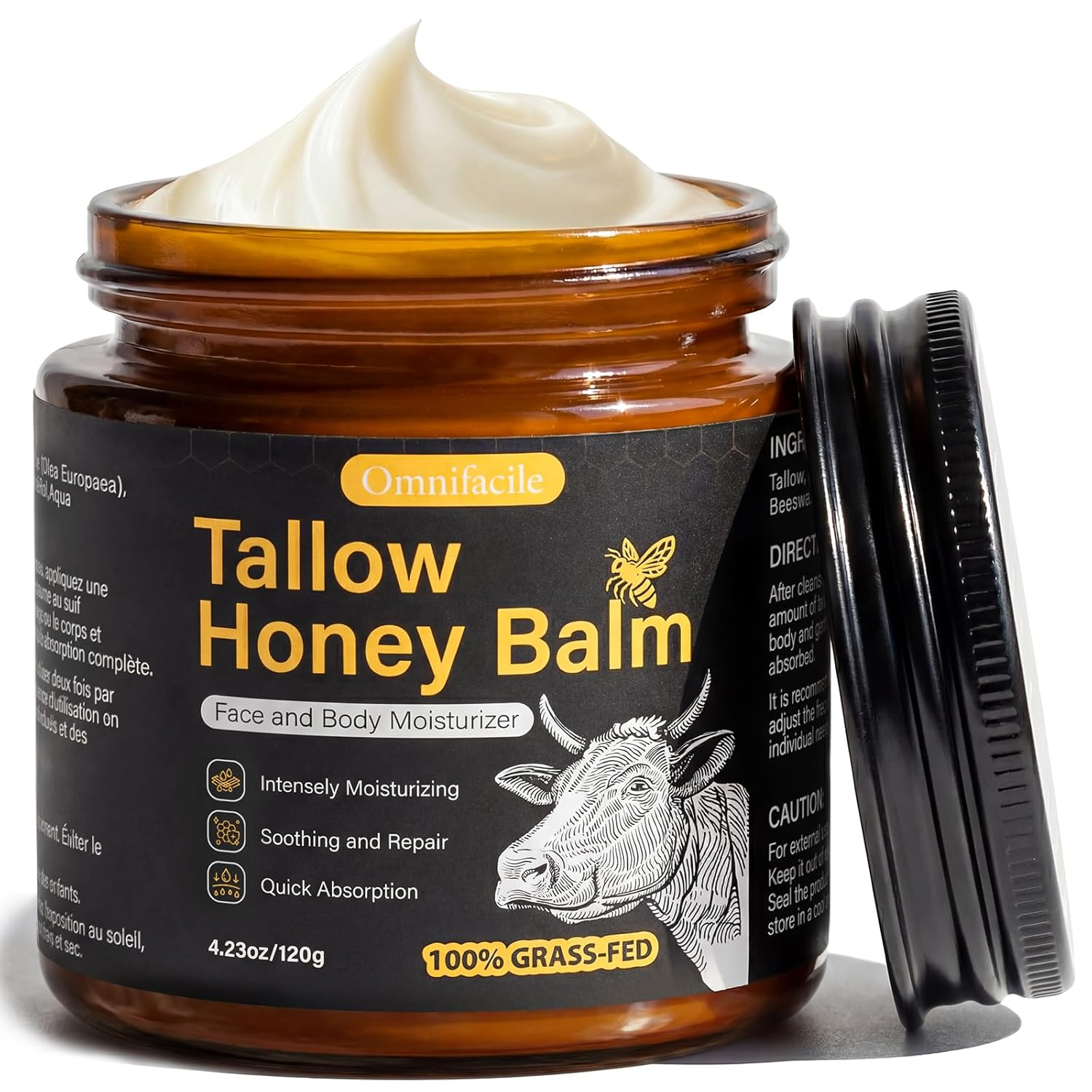 Beef Tallow for Skin,Face,Body - Handmade Whipped Tallow Face Moisturizer& Tallow Balm with 100% Grass-Fed Beef Tallow & Raw Honey,Narural Organic Tallow and Honey Balm for Men&Women,Unscented,4.23Oz