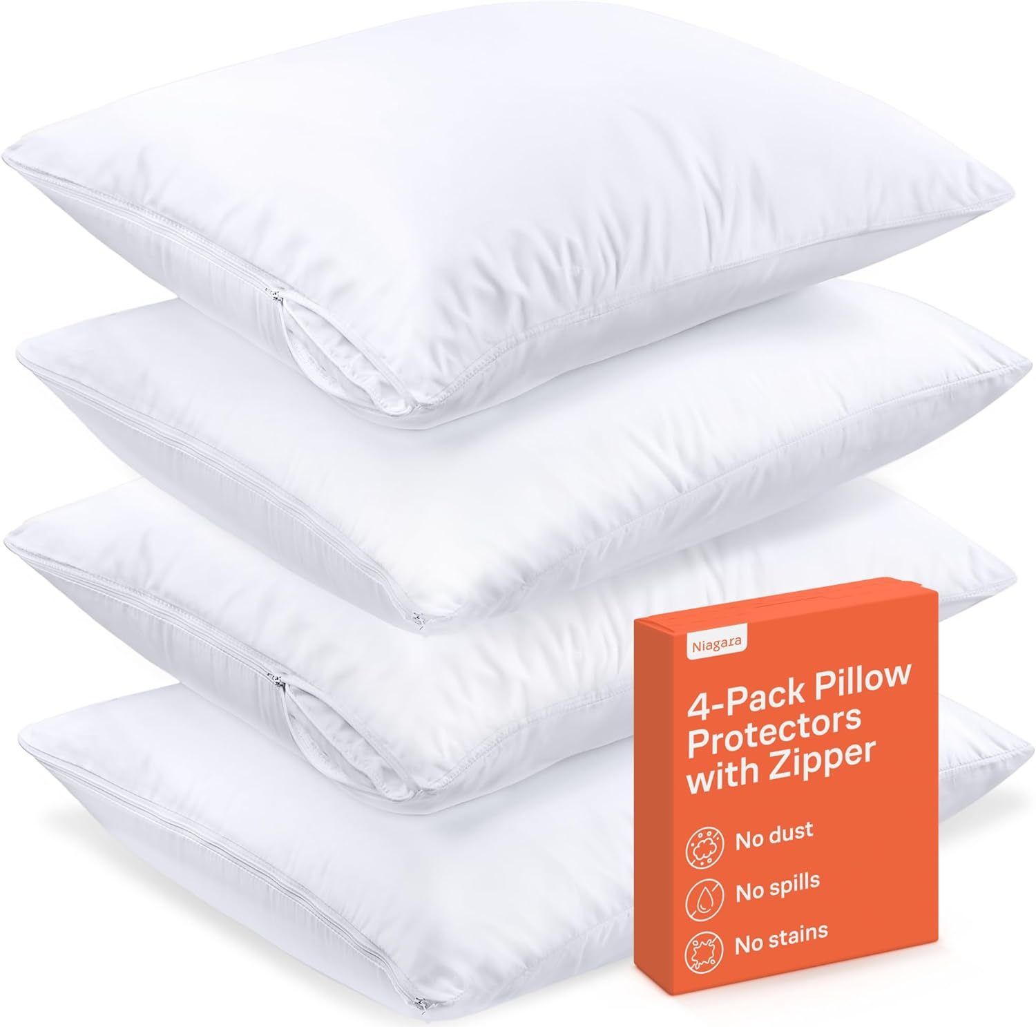 Ultra Soft Pillow Protectors with Zipper Standard Size - Set of 4 Breathable Pillow Covers - 100% Protection against Stains, Dust & Dirt - Machine Washable (White)