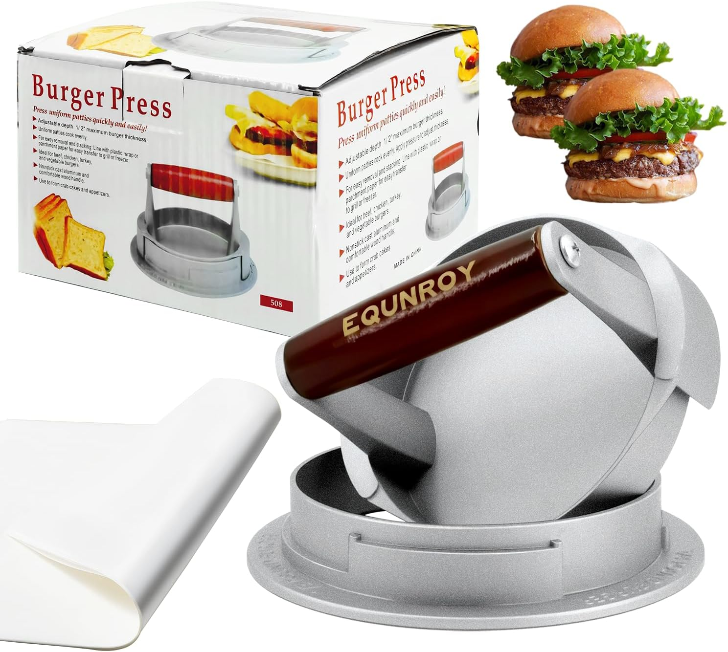 Hamburger Press Patty Maker, 3-in-1 Adjustable Burger Shaper Mold (1/2 lb, 1/3 lb, 1/4 lb) with 10 Parchment Papers, Cast Aluminum Stuffed Burger Ring & Slider Maker, Non-Stick & Easy Clean