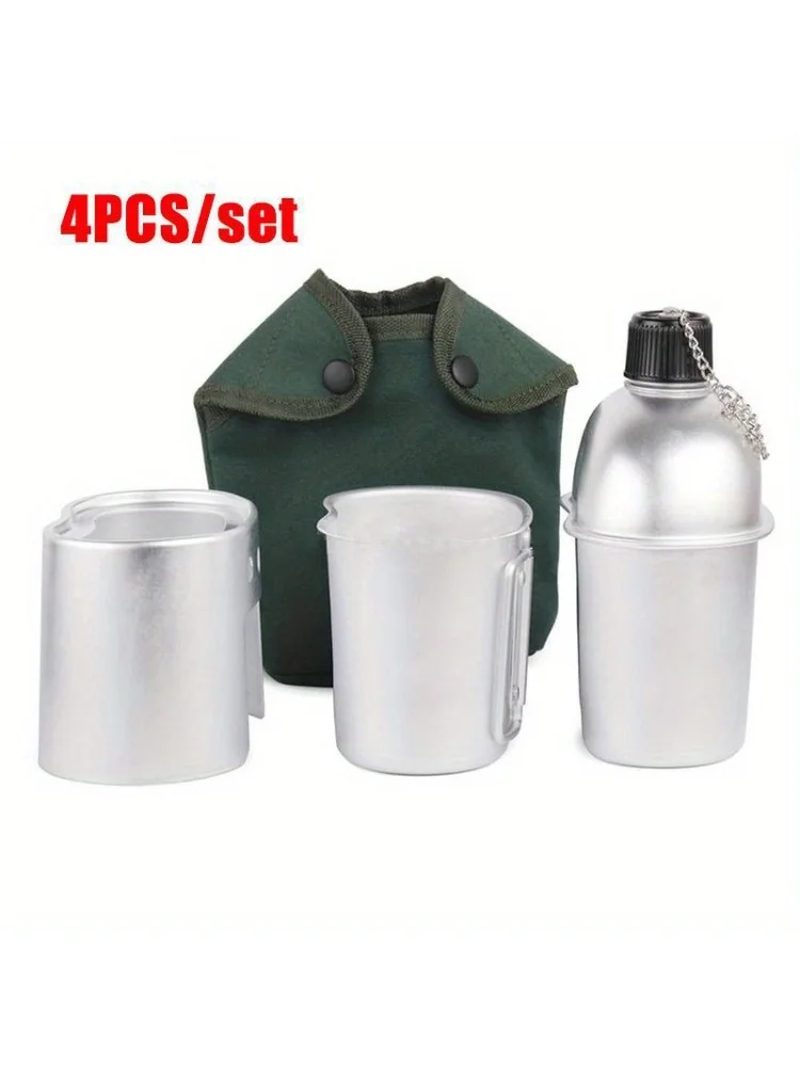 4Pcs/Set,Military Canteen Cookware Set Aluminum Alloy Canteen Multi-Functional Water Bottle with Grab Handled Cup Green Canvas