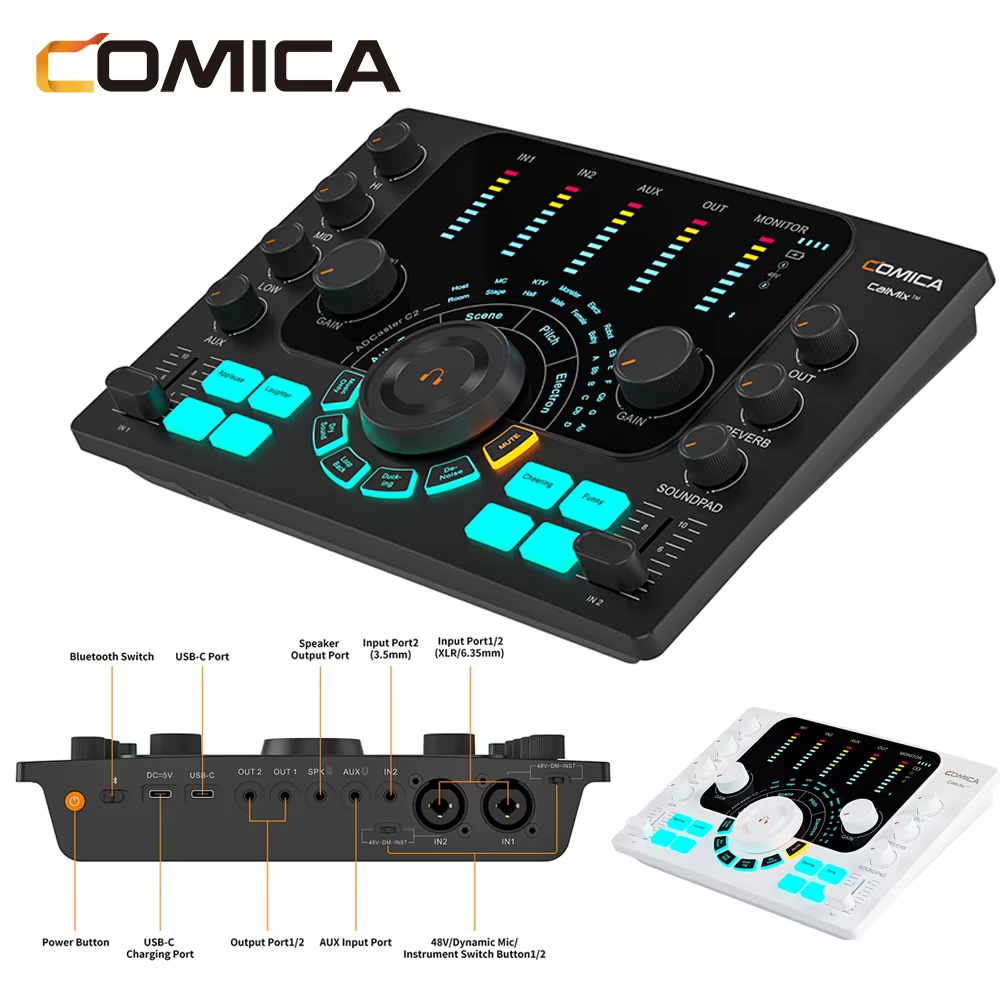 ADCaster C2 Audio Interface Sound Card for Streaming/Podcasting/Recording,All in One DJ Mixer for Smartphone,PC,Guitar ﻿