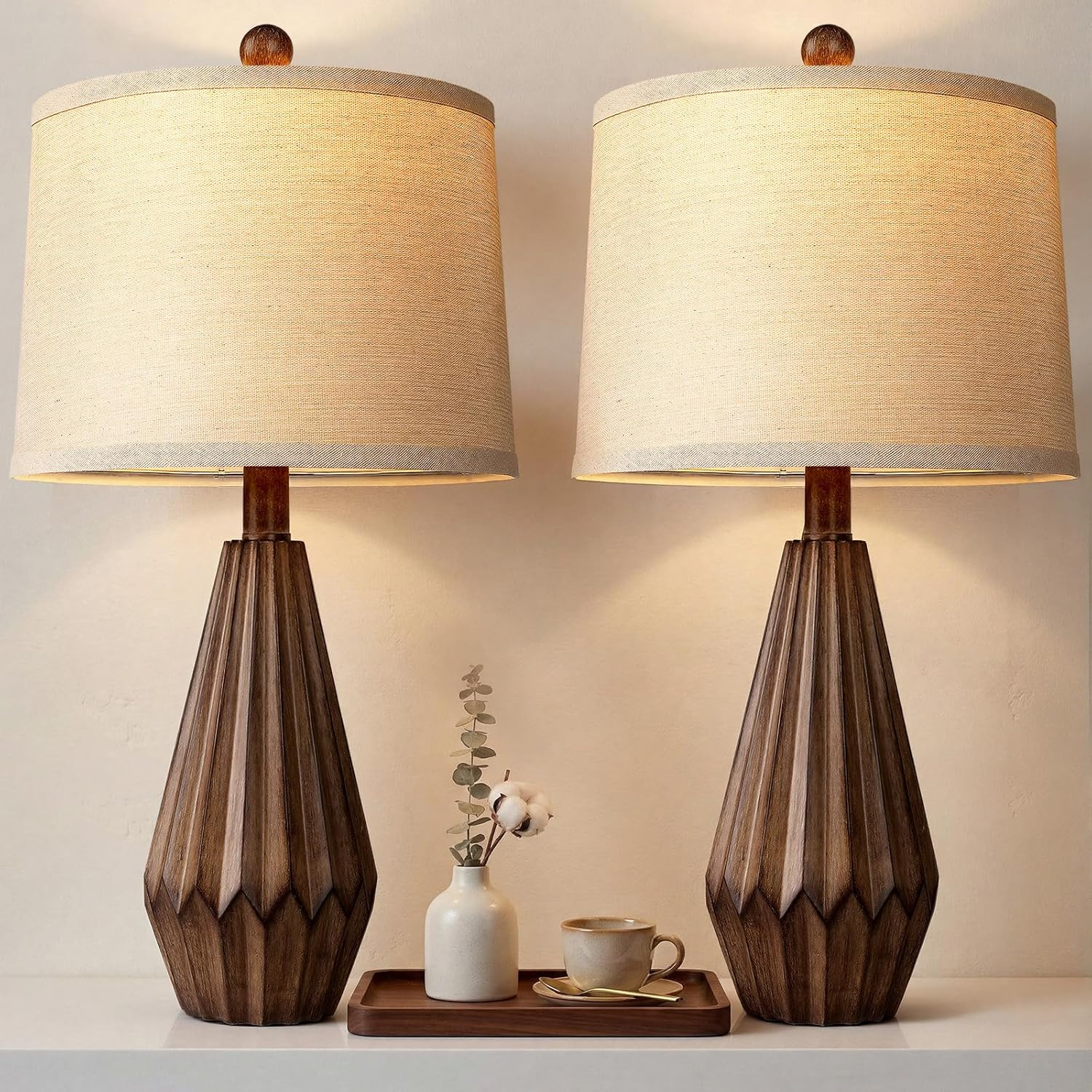 Set of 2 Modern Farmhouse Lamp for Living Room, Rustic Resin beside Table Lamps with Linen Shade, Vintage Lamps for Nightstands Bedroom Entryway Decor