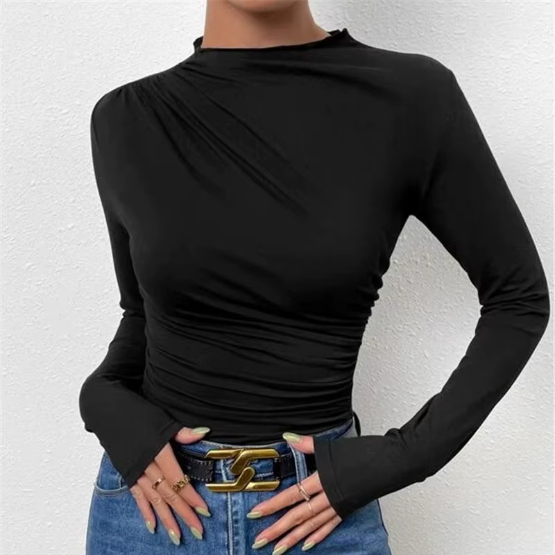 Fashion Lady'S Shirt Solid Color Slim Long Sleeve Designer T-Shirt Pleated Blouse Shirts for Women