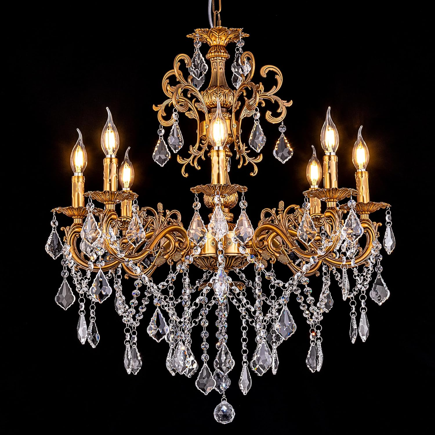 Vintage 8-Light Crystal Chandelier in Antique Bronze for Dining Room & Hallway