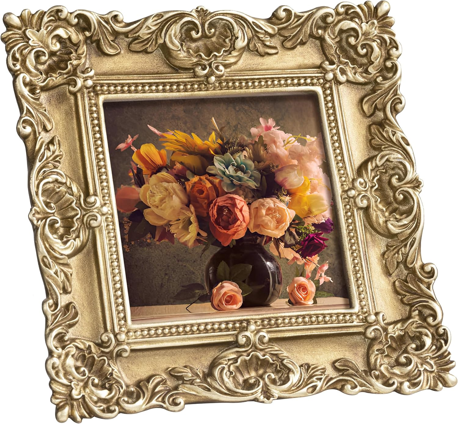 4X4 Vintage Picture Frame with Real Glass Cover, Ornate Antique Photo Frame, Display 4X4 Picture for Tabletop or Wall Hanging, Gold Home Decor for Gallery Art