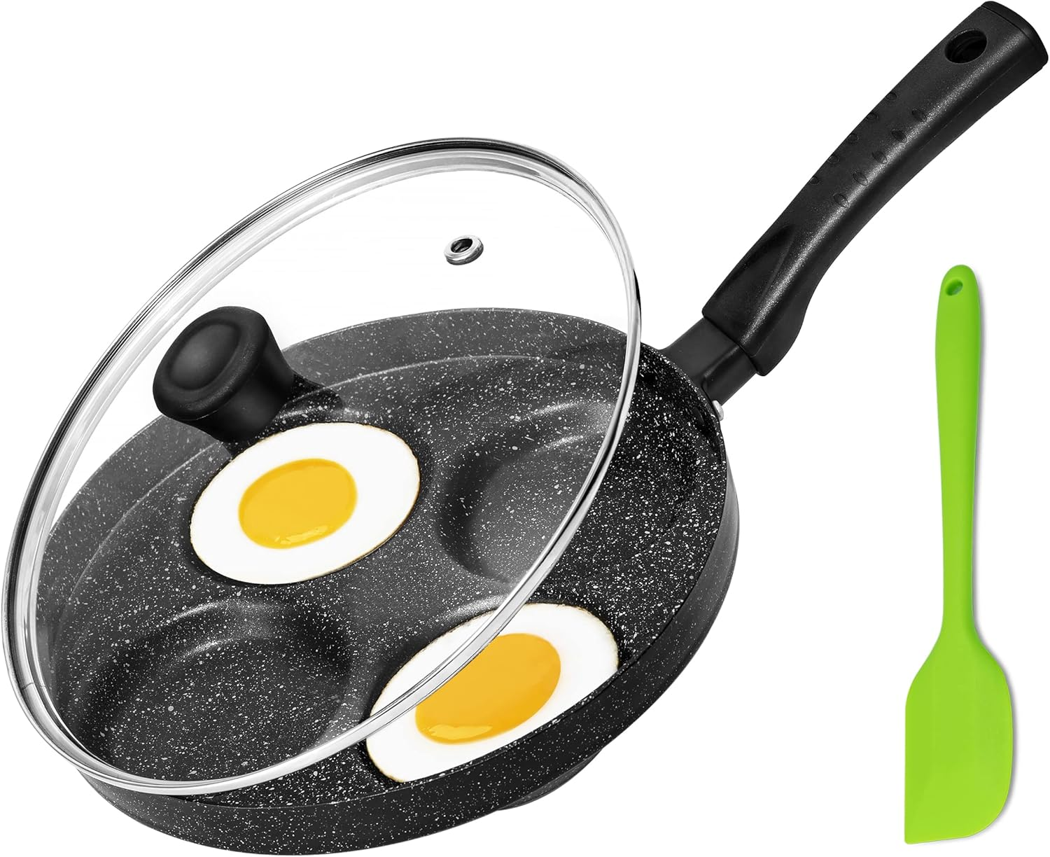 Egg Frying Pan, 4-Cup Nonstick Fried Egg Pan, Aluminum Egg Cooker Pan with Lid and Spatula