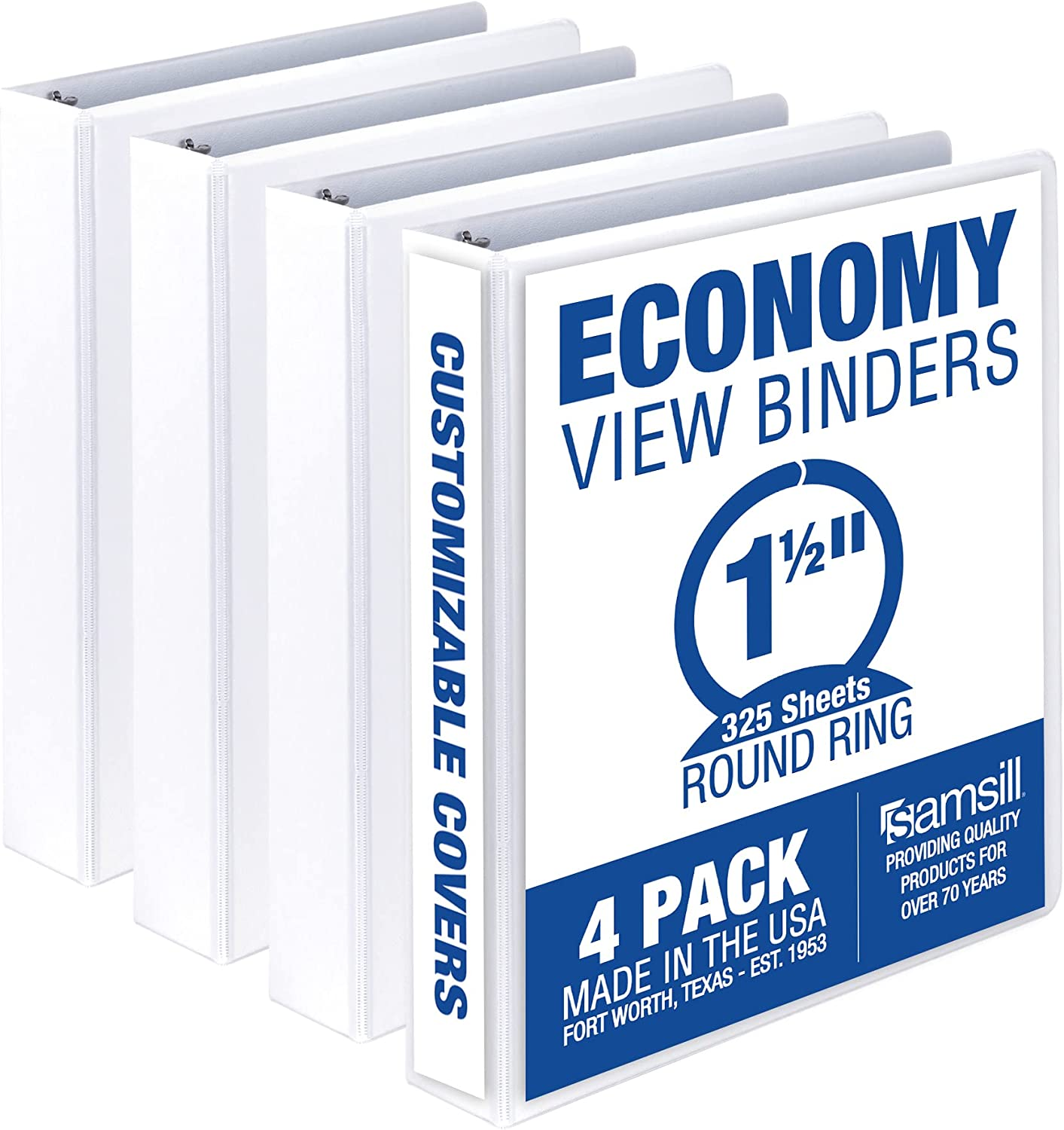 Samsill 1.5 Inch 3 Ring Binders, Made in USA, Economy round Ring, Clear View Cover, 325 Sheet Capacity - for School, Home, Office - White, 4 Pack
