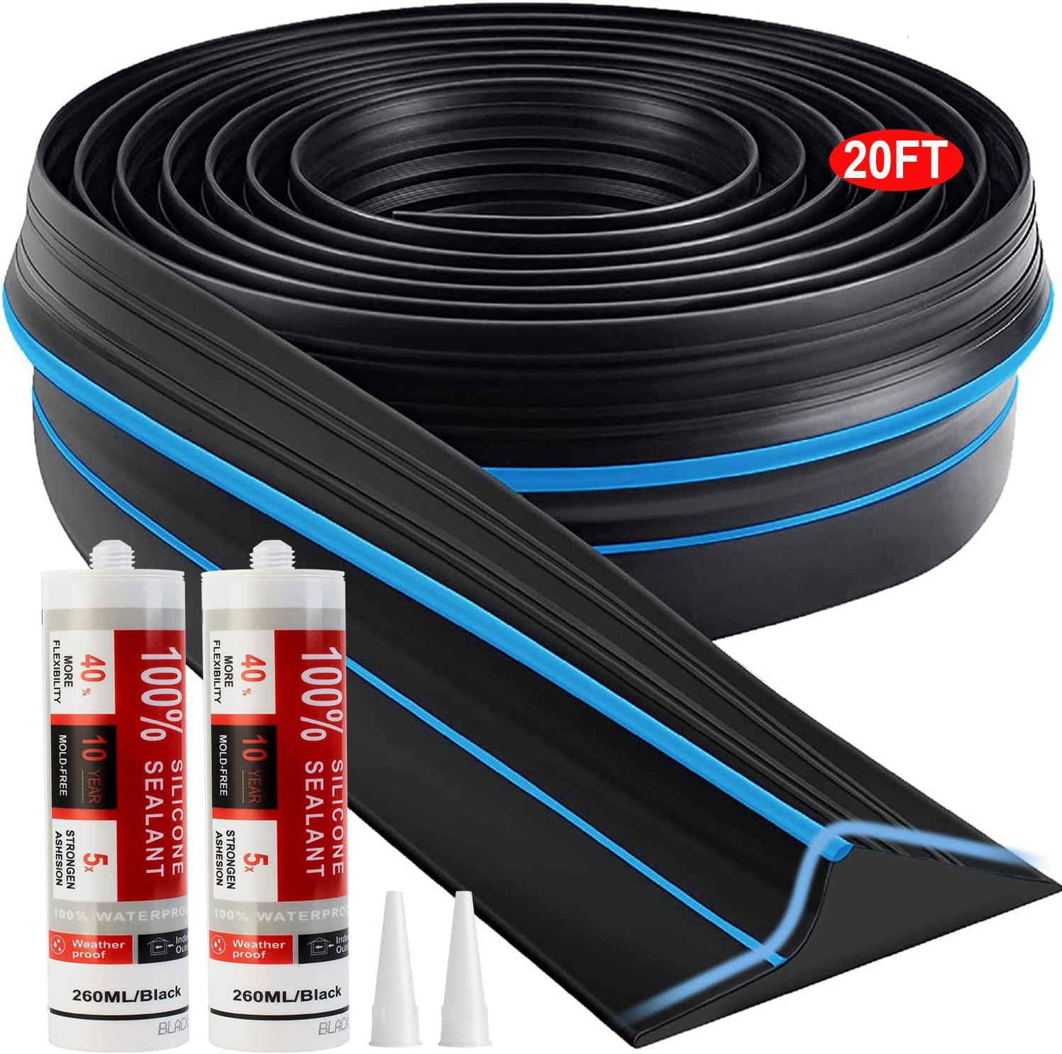 Jin&Bao Universal Garage Door Threshold Seal Strip 20FT Kit, Bottom Waterproof Rubber Weather Stripping Replacement（Blue, 2 Adhesive）