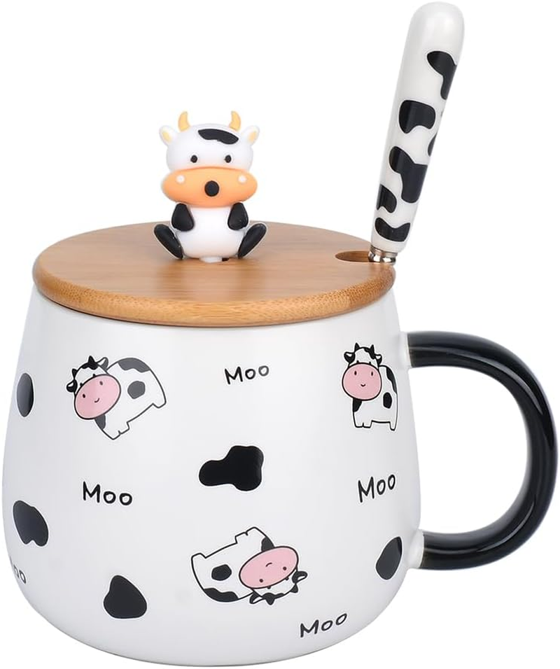 Cute Cow Mug Kawaii Animal Coffee Mug with Lid and Spoon, Highland-Cow Gifts Ceramic Tea Cup, Creative Cartoon Print Coffee Cup Stuff Gift for Women Office Personal Birthday Christmas 480Ml