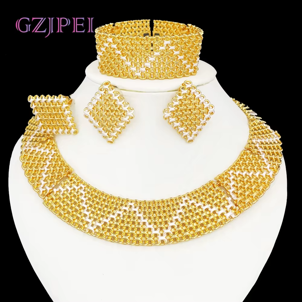 Africal Gold Color Big Jewelry Gifts Two Tone Choker Necklace Wide Bracelet Square Earring Rings For Women Wedding Gifts