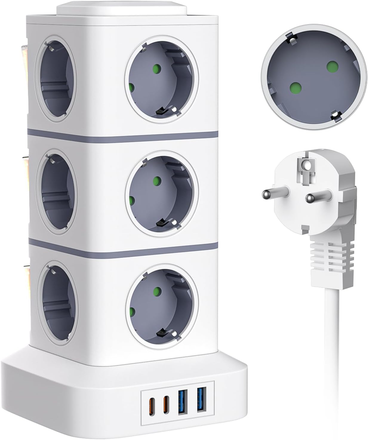 Steckdosenturm Steckdosenleiste 12 Steckdosen Mehrfachsteckdose Mit 2 USB-A 2 USB-C 5V/3A 2500W 3Meter Verlängerungskabel Überspannungsschutz Überlastschutz Für Büro Zuhause Tisch Gaming