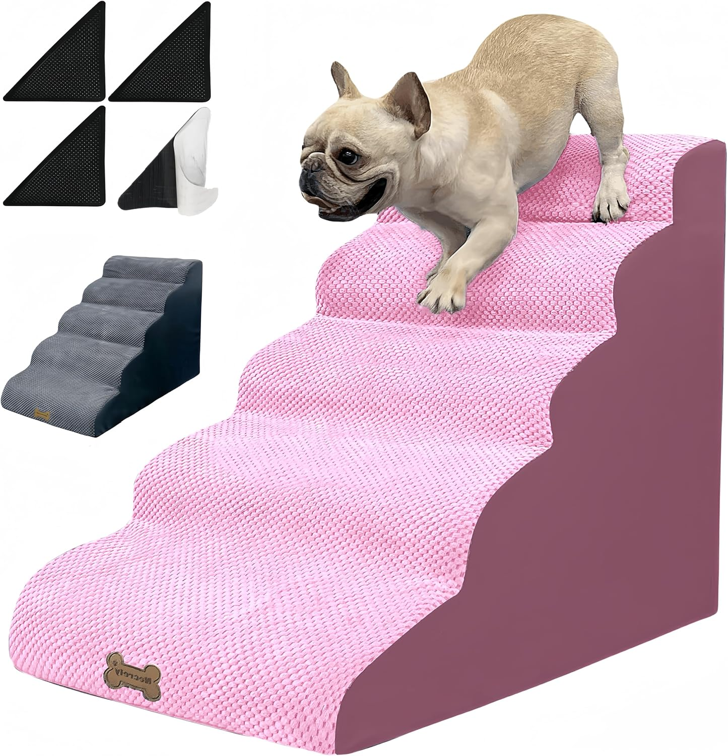 Dog Stairs for Small Dogs to High Beds, 5 Steps 24 Inch Dog Pet Ramp Stairs for 18-30 Inch Couch-Bed, 2 Pcs Pink & Grey Washable Cover with Dog Ramp for Old Large Dogs & Cats. Non-Slip Balanced 33D