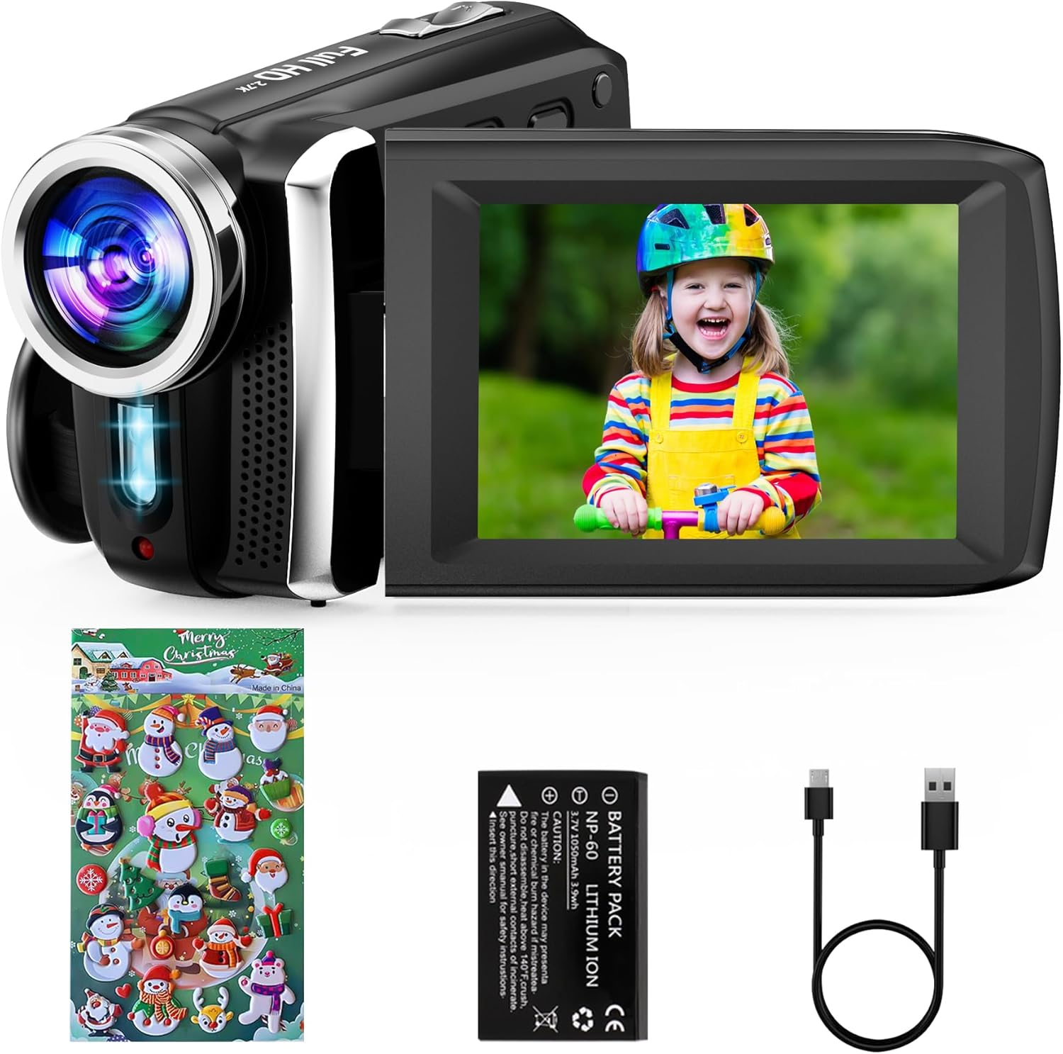 Video Camera Camcorder HD 2.7K 36MP Kids Camcorder Vlogging Camera for Youtube Tiktok Digital Video Camera Recorder,Christmas Stickers,8X Digital Zoom for Kids (Black)
