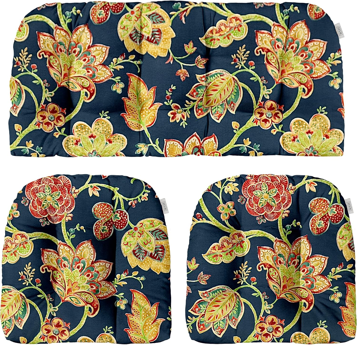 : 3-Piece Wicker Tufted Cushion Set | 41” X 19" & 19" X 19" | All-Weather Spun Fabric | Water Resistant | Outdoor Loveseat & U-Shape Cushions for Patio Furniture | Daelyn Navy Yellow Floral