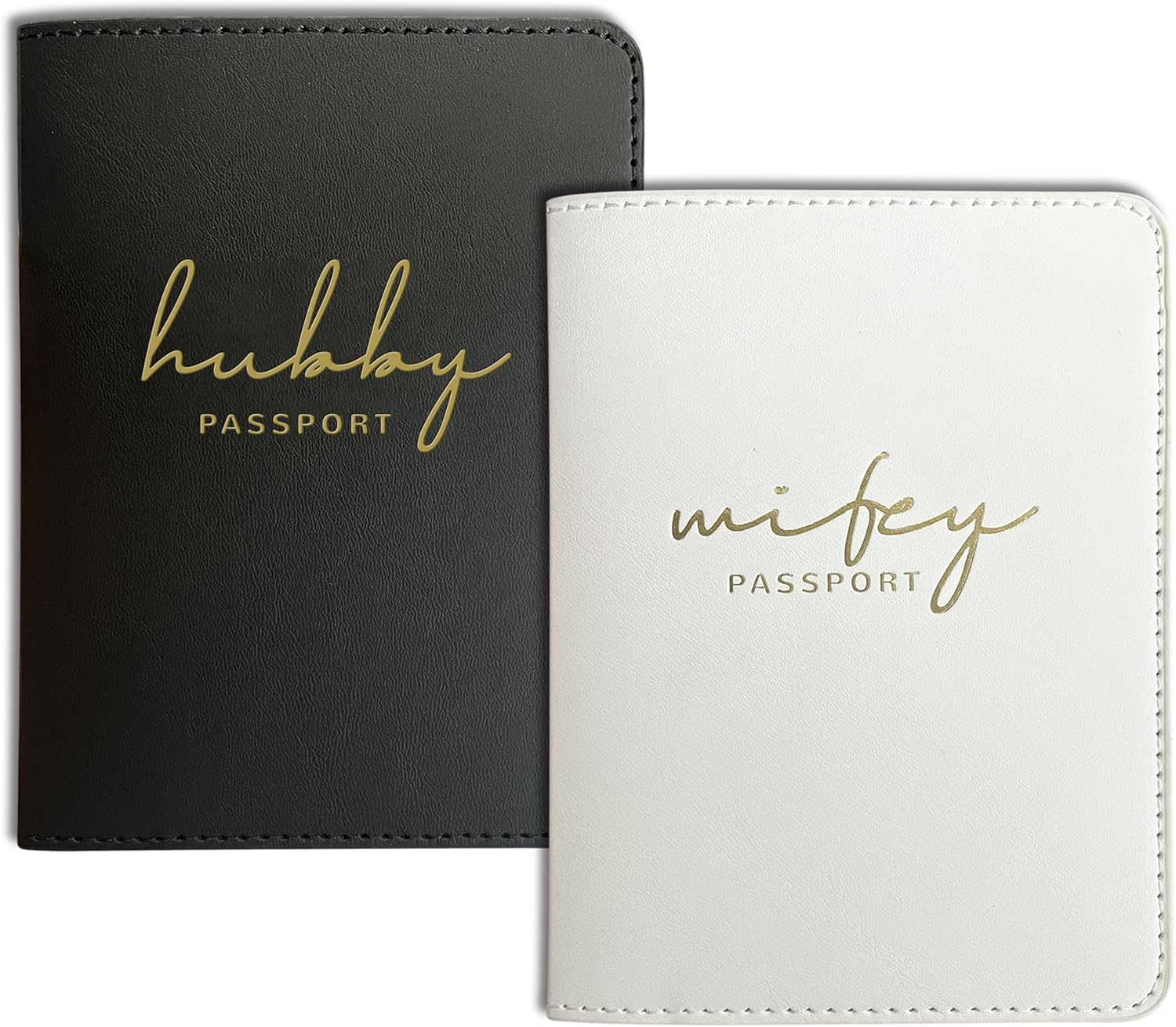 Mr&Mrs Gifts Matching Passport Holders for Bride and Groom, Hubby&Wifey Gold Foil Logo, Dual PU Leather with Card Pockets, Honeymoon Travel Essentials Gift for Newlyweds(Hw Black White)