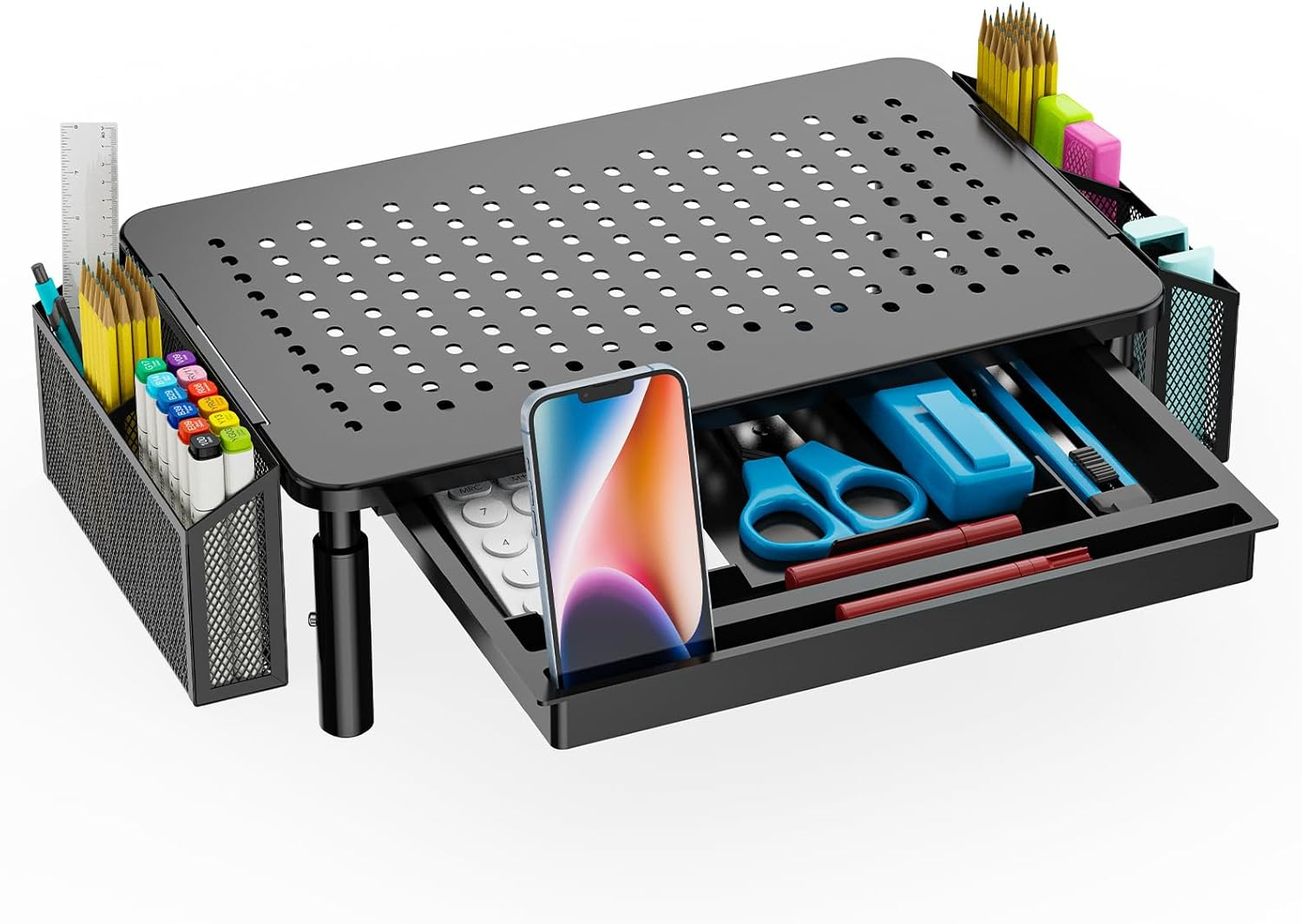 Computer Monitor Stand with Storage, Desk Organizer with Drawer and Pen Holder, Desk Monitor Riser 3 Height Adjustable, Laptop Riser for Computer, Laptop, Printer (STT003DH-B), 1 Pack, Black