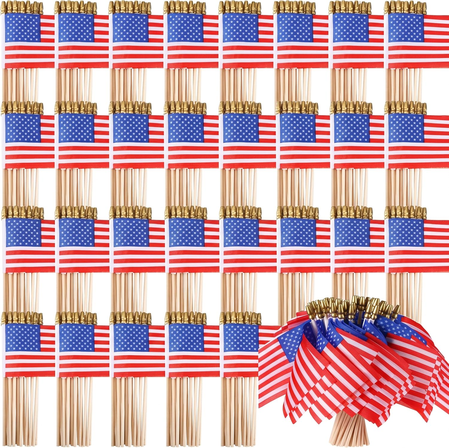 400 Pcs 250Th Small American Flags on Stick 4 X 6 Inch Mini American Handheld USA Flags Polyester 4Th of July Decorations with Safety Golden Spear Tops for Memorial Day Independence Day