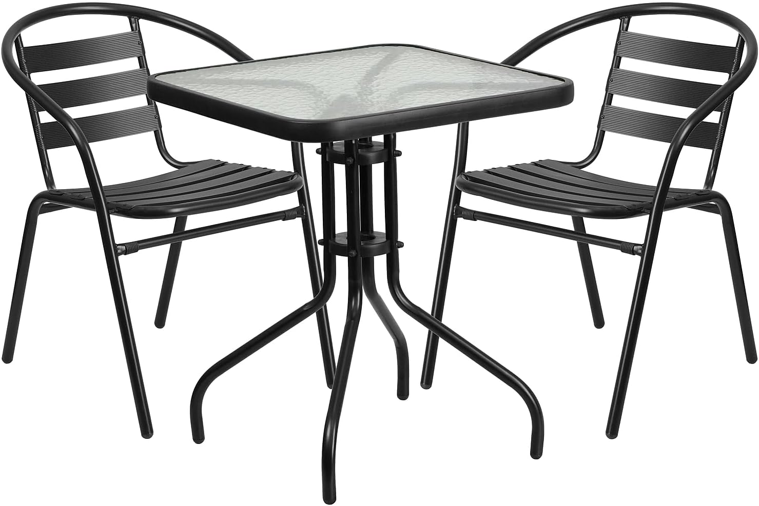 Lila 23.5'' Square Glass Metal Table with 2 Black Metal Aluminum Slat Stack Chairs