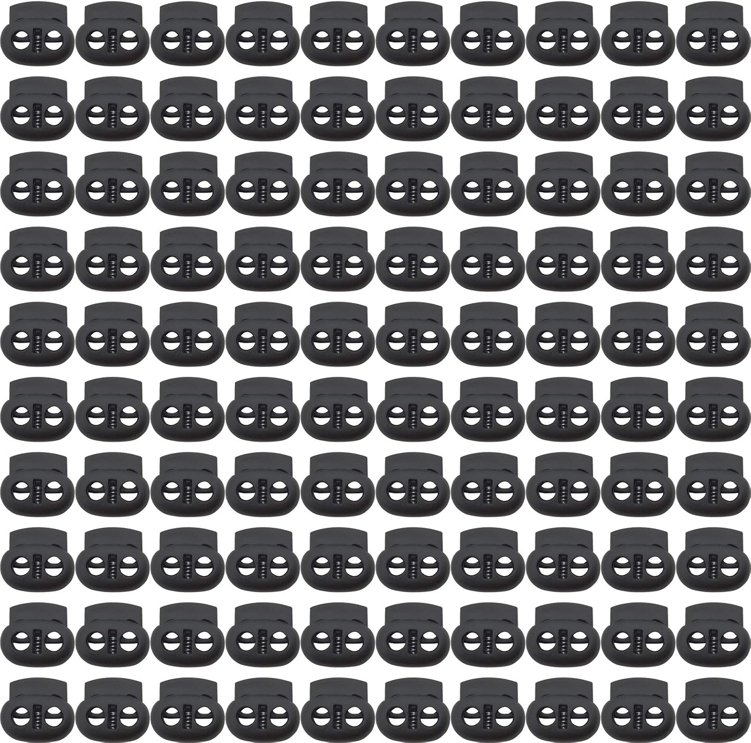 100Pcs Plastic Spring Cord Lock Double Hole Toggle Stopper Buttons Fastener Slider (BLACK)