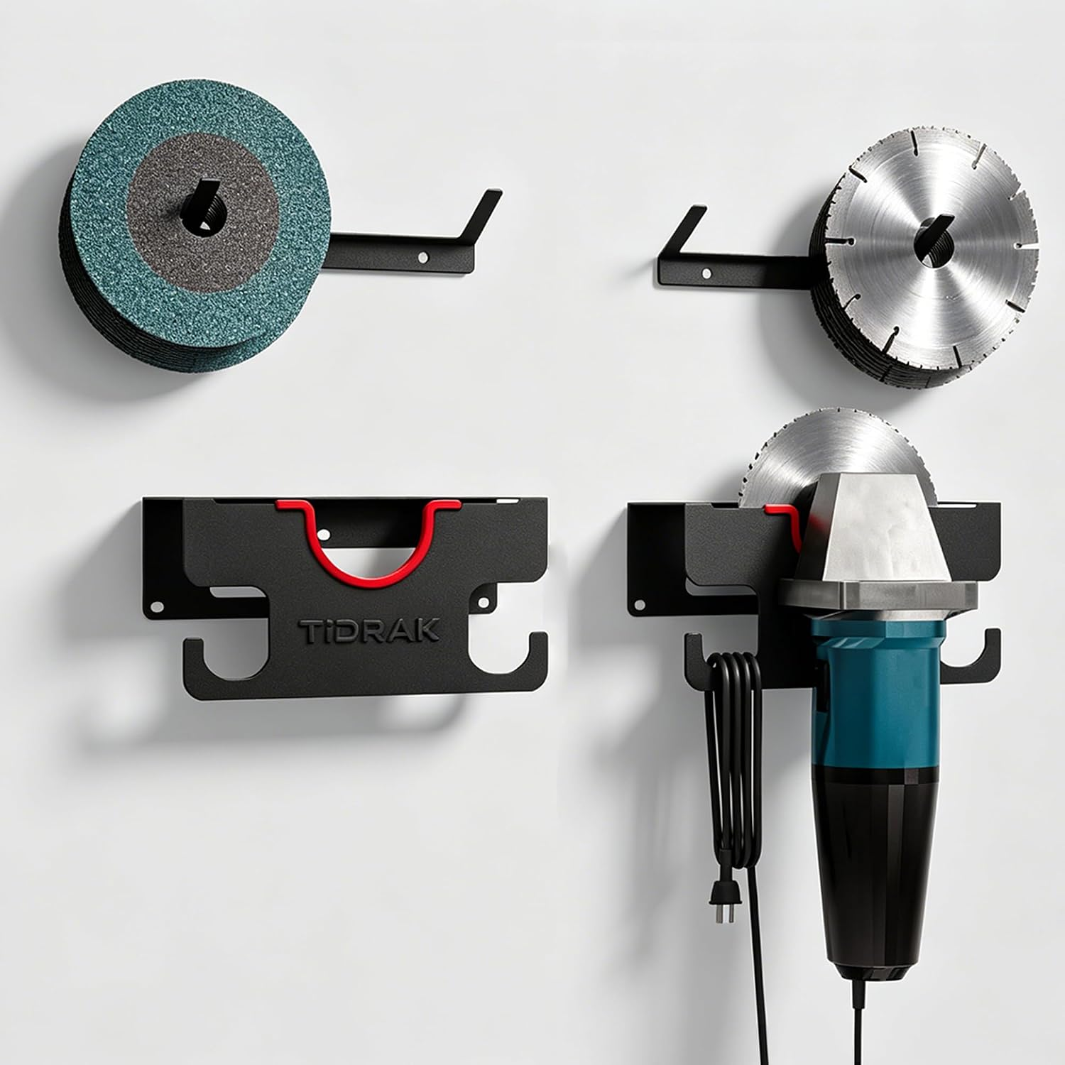 Angle Grinder Holder Wall Mount – Heavy Duty Tool Storage Rack for 4-1/2" to 6" Grinder, Impact Wrench & Polisher, with Cord Management Hooks & Disc Hooks, Ideal for Workshop & Garage Organization