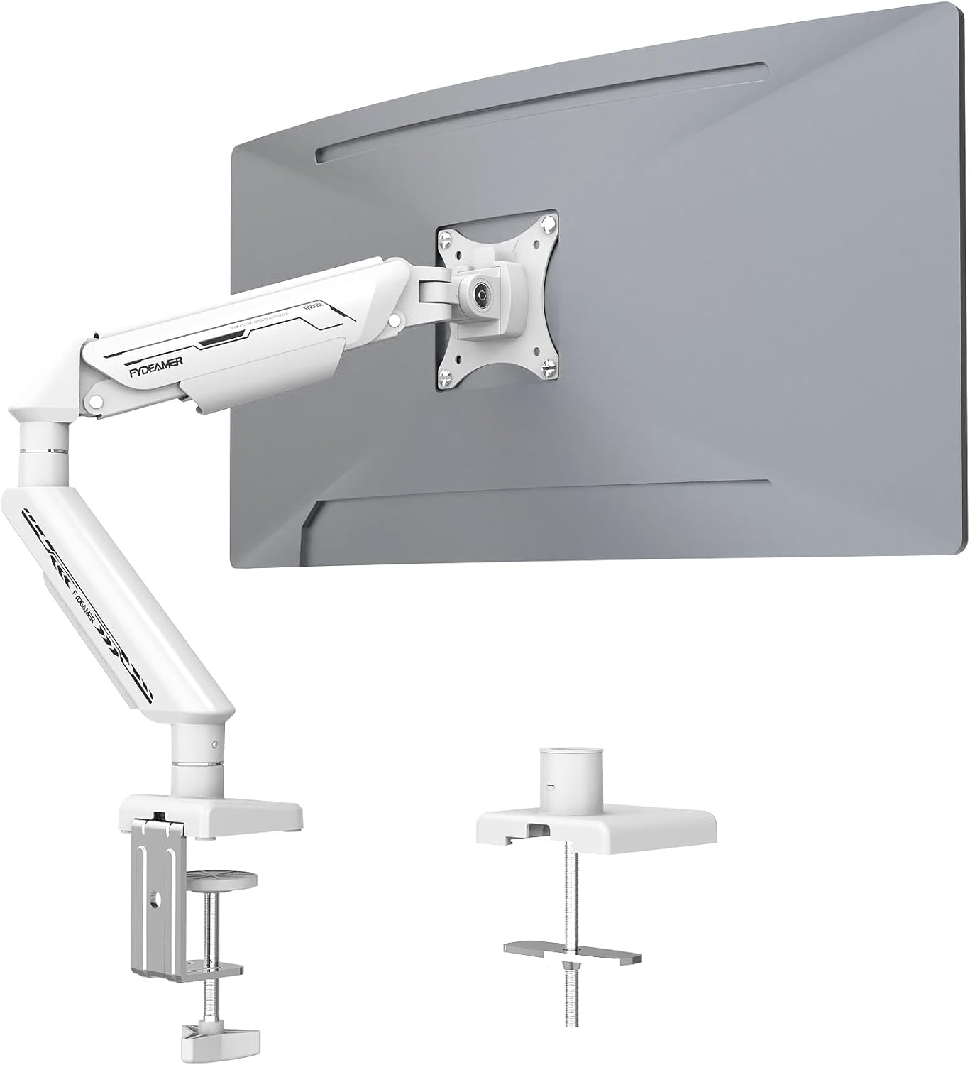 Monitor Arm, Gas Spring Monitor Stand for 17-35 Inch Screens up to 24.3 lbs, Adjustable Monitor Mount with C-Clamp & Grommet Base, Ergonomic Computer Monitor Mount (Single Arm White)