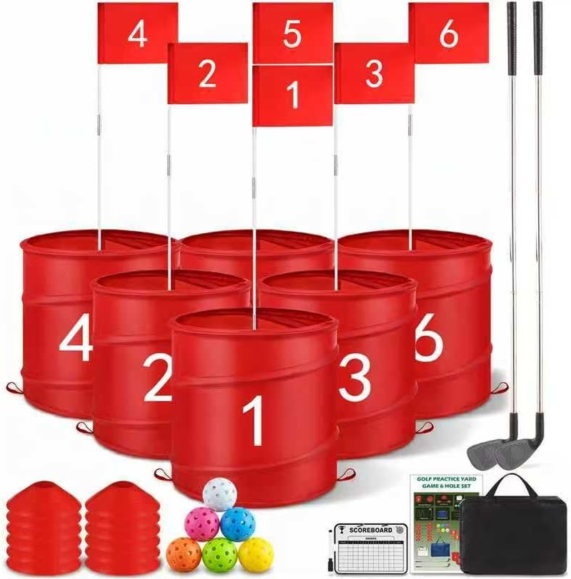 Golf Bucket Yard Game, 6 Hole Beach Golf Set with 2 Clubs, Portable Outdoor Indoor Golf Chipping Game for Family, Lawn Park Camping Party with Carry Bag and Scoreboard (6 Golf Sets)