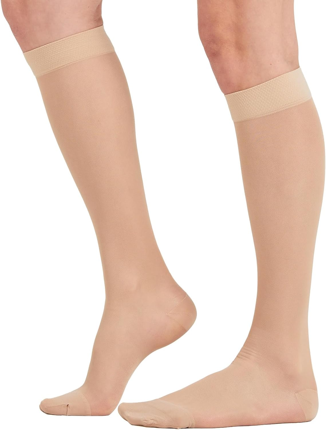 2 Pairs Sheer Compression Socks for Women - 15-20 Mmhg Knee High Sheer Compression Stockings for Support Circulation Swelling Edema Work Office Travel, Beige, Small