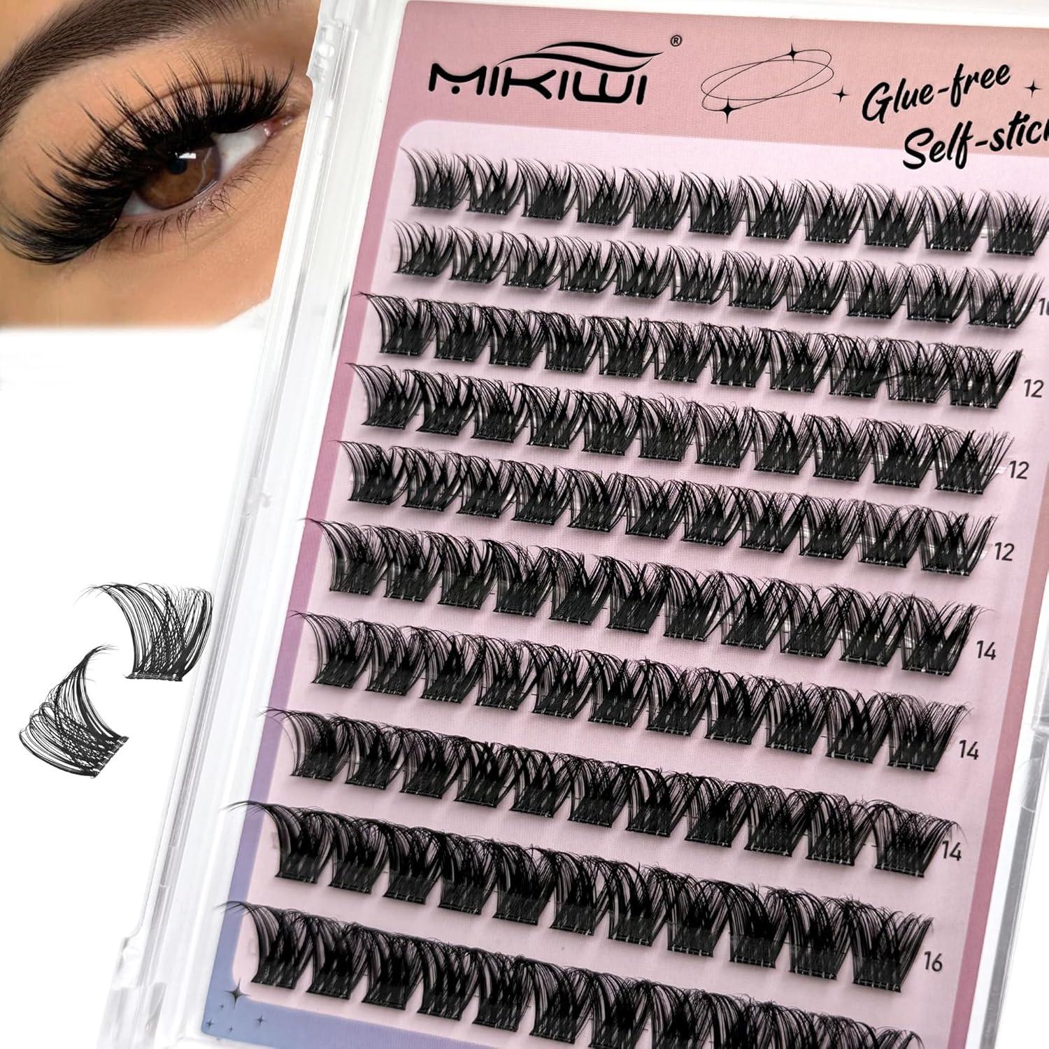 Self Adhesive Lash Clusters, No Glue Needed Wispy D-Curl Lash Clusters 10-16mm Pre Glued Eyelashes Clusters No Residue Self Adhesive Eyelashes