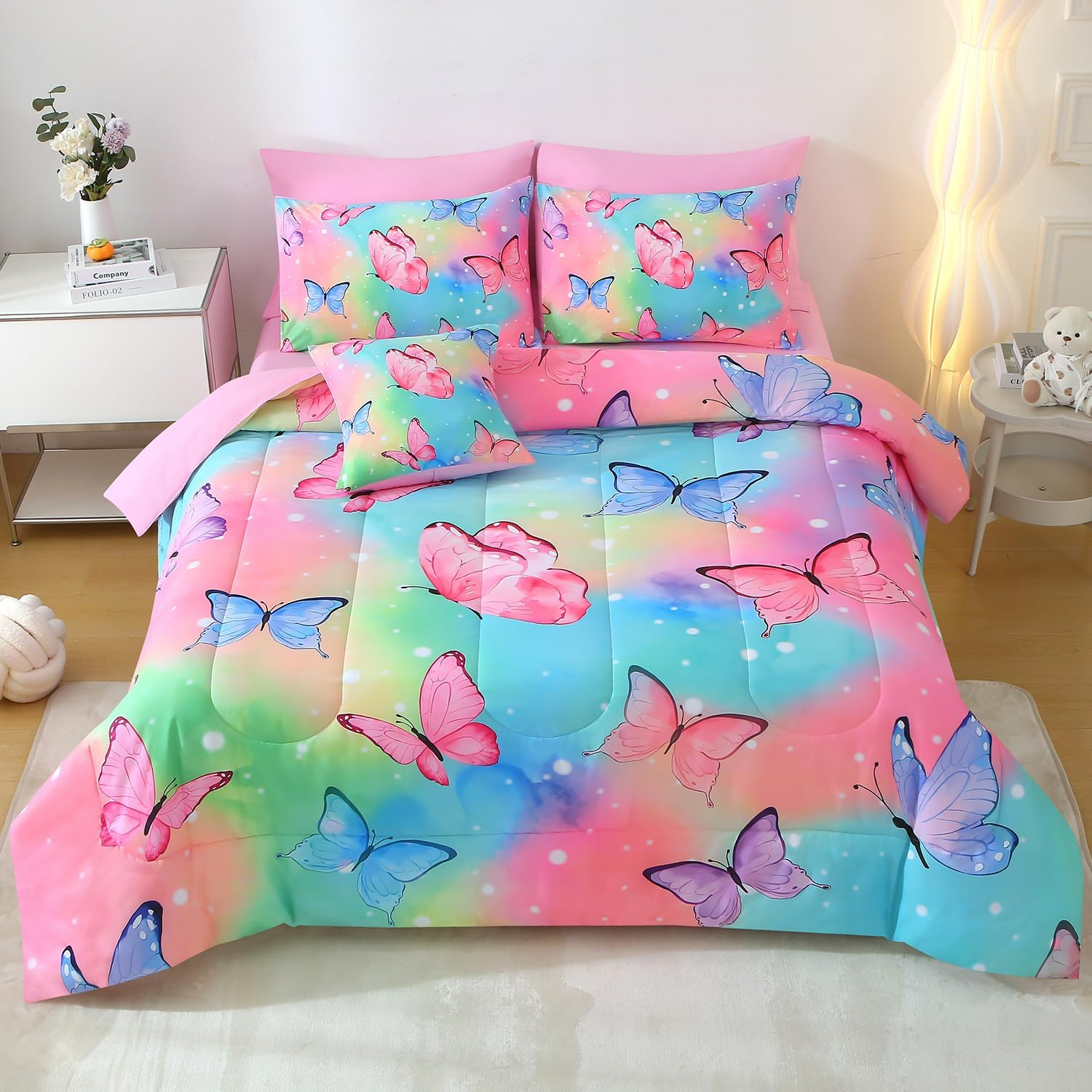 8 Pc Butterfly Comforter Set Queen, 3D Rainbow Butterfly Bedding Set for Girls Women,All Season Microfiber Butterfly Design Bedding Collection with Pillowcase, Flat & Fitted Sheet(Rainbow)