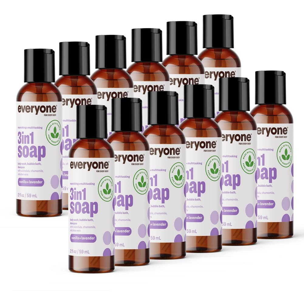 3-In-1 Soap Body Wash, Bubble Bath, Shampoo, Travel Size, 2 Ounce (Pack of 12), Vanilla and Lavender, Made with Essential Oils for Men and Women