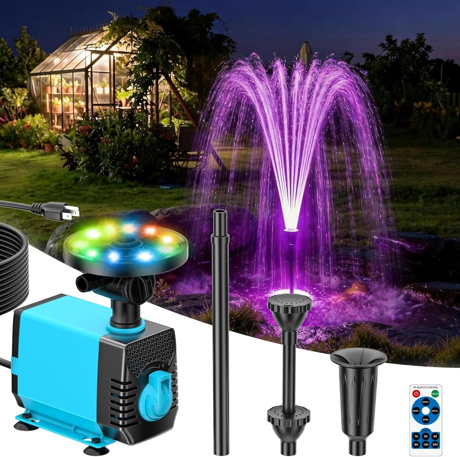 Pond Fountain Pump Kit with RGB Lights & Remote Control, 660GPH Quiet Submersible Water Pump with Pond Filter, 3 Nozzles for Garden Koi Ponds, Fish Tank,Backyard Water Features Decor-P1104D