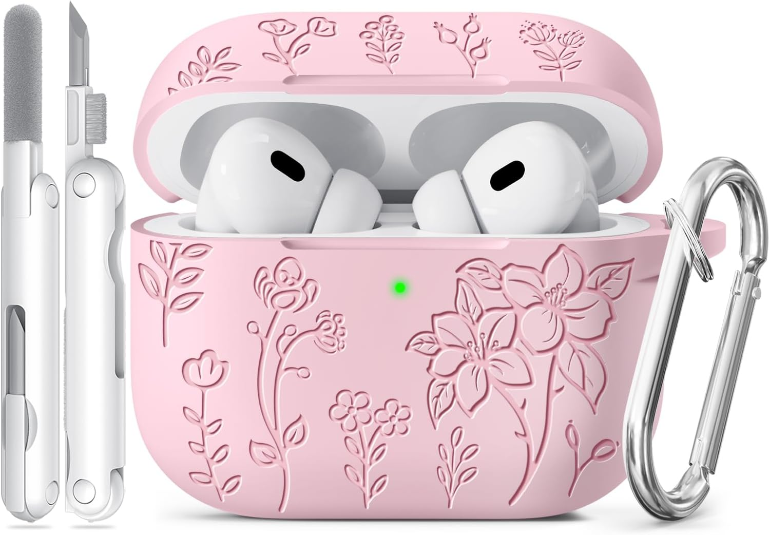 For Airpods Pro 2 Case Pink,  Flower Engraved Airpod Pro Case, Soft Silicone Case Cover QUTE for Apple Airpods 2Nd/1St Gen Women Girly with Keychain & Cleaning Ki, Shockproof