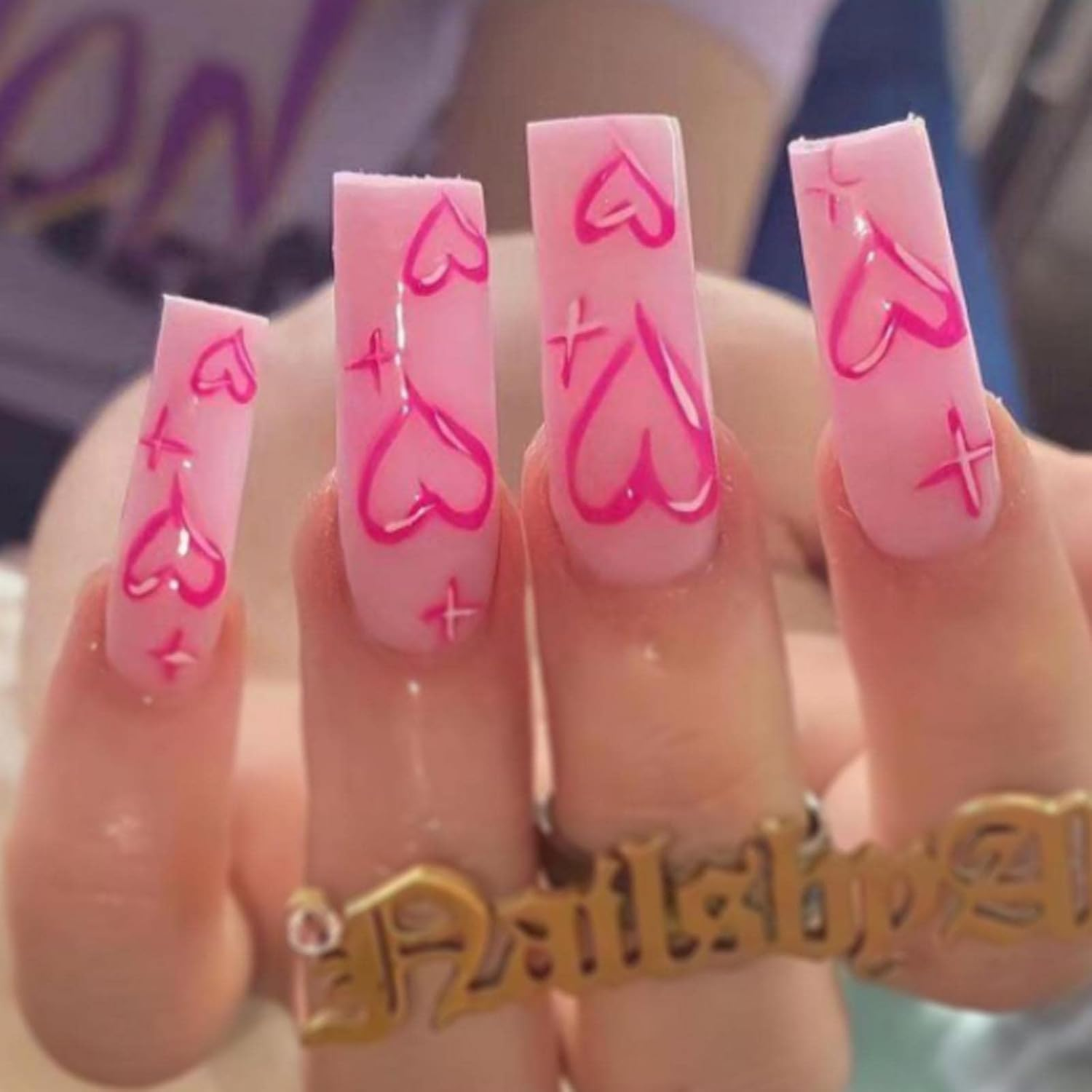 Pink Heart Coffin Press on Fake Nails - Full Cover Stick on (24PCS)
