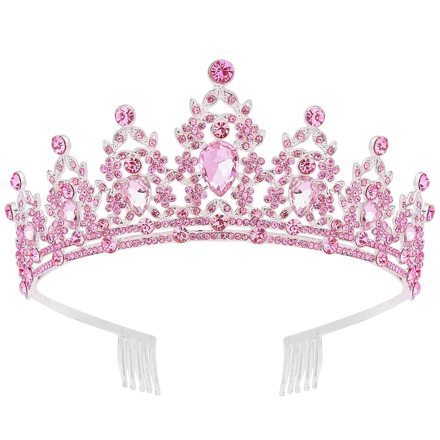 Pink Crystal Tiaras for Women, Princess Crown with Comb 