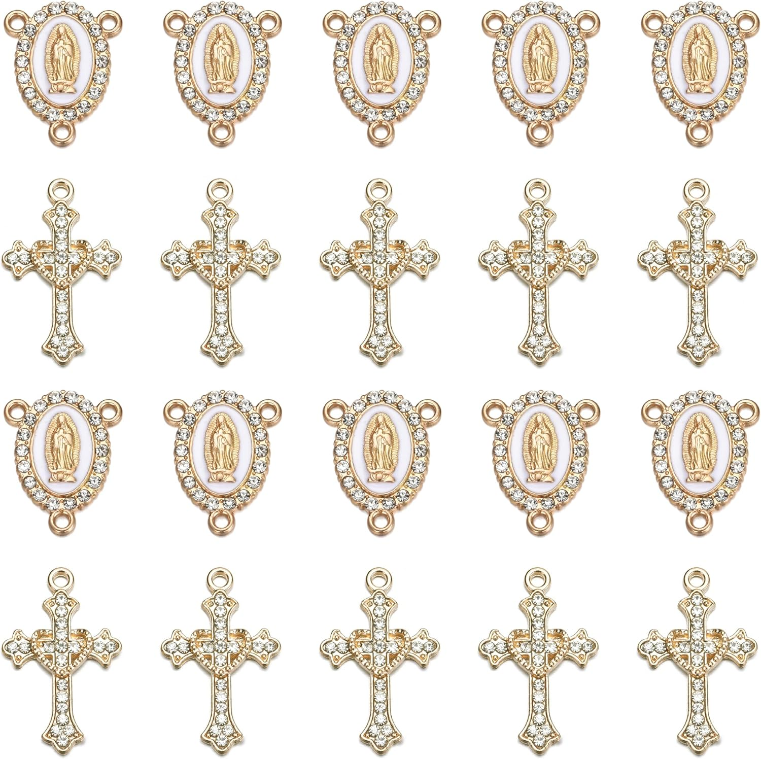 20 Piece Set Rhinestone Cross Connectors and Pendants for Jewelry Making (Gold)