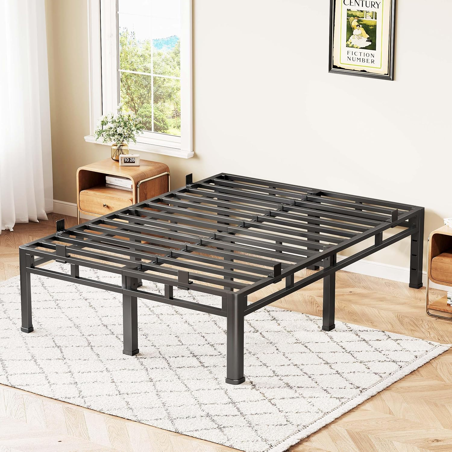 18 Inch Queen Bed Frame, Double Layer Metal Bed Frame with round Corner Legs, 4000LBS Bed Frame & Box Spring 2 in 1 Platform with Headboard Holes Mattress Baffles, Noise-Free Easy Assembly